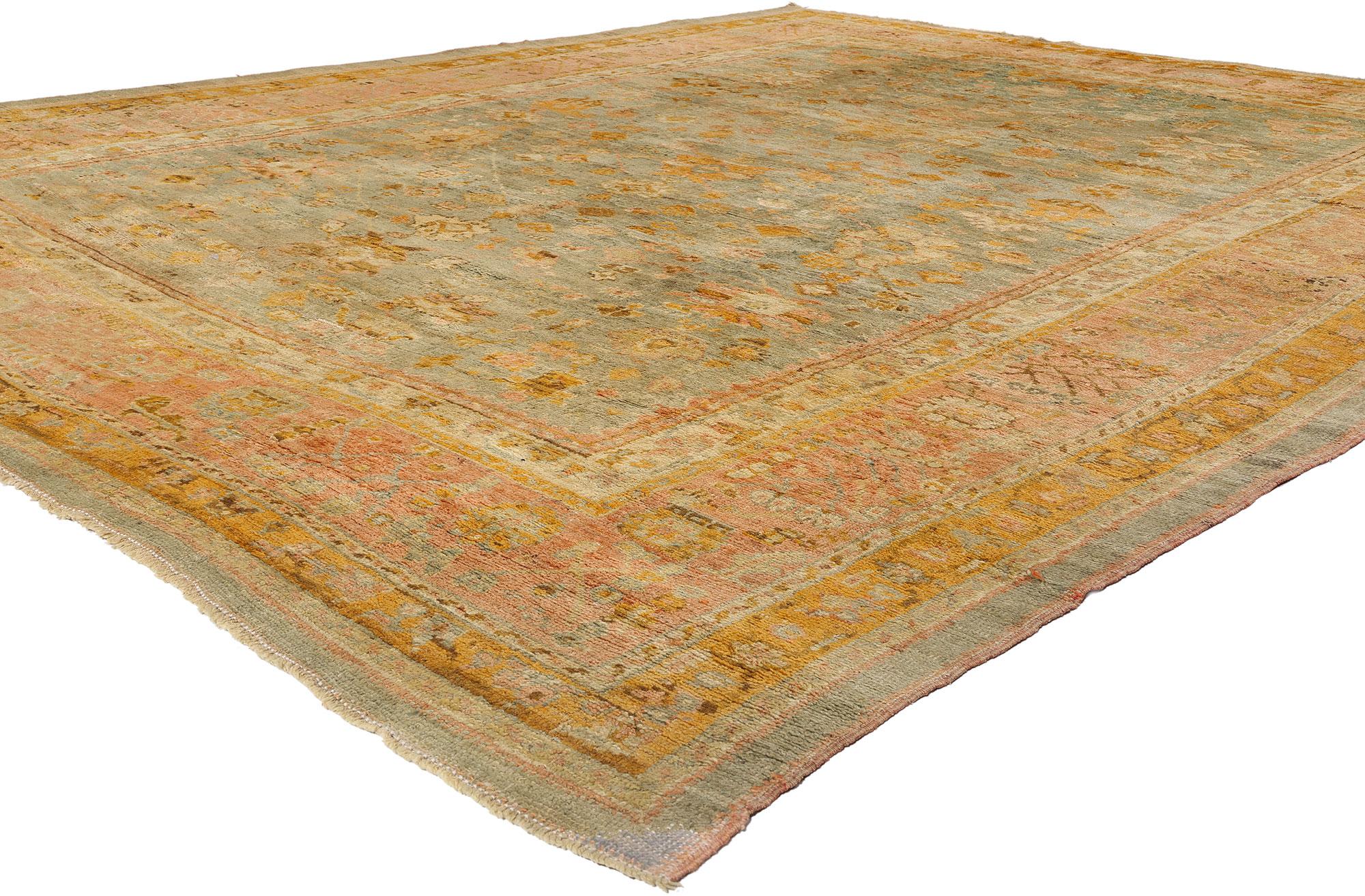 73717 Late 19th Century Antique Turkish Oushak Rug, 11'02 x 13'08. Woven in the twilight of the 19th century, this hand knotted wool antique Turkish Oushak rug is a lyrical expression of Anatolia’s golden age of weaving—where time-honored techniques