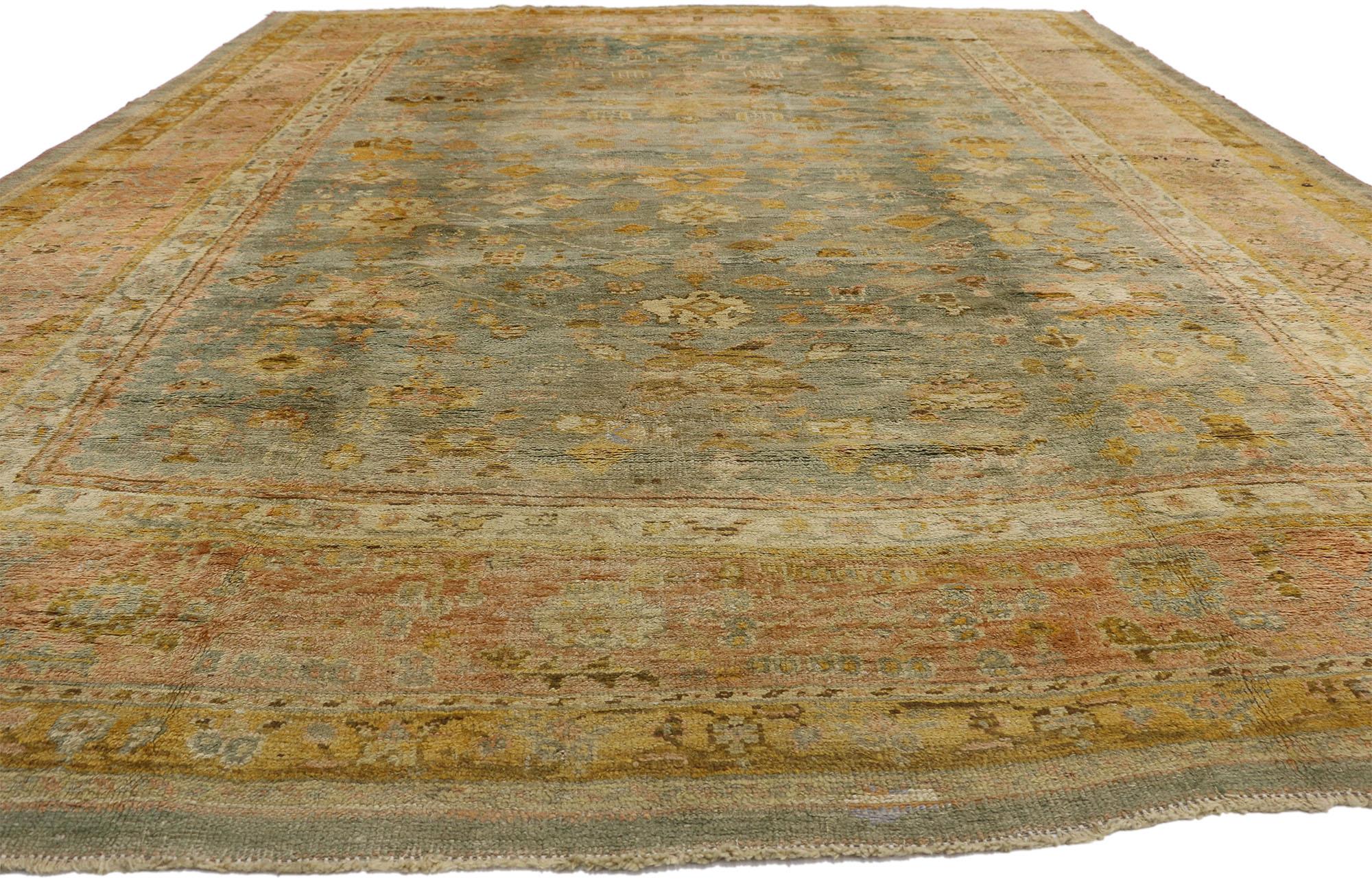 Hand-Knotted Late 19th Century Antique Turkish Oushak Rug with Time-Softened Colors For Sale