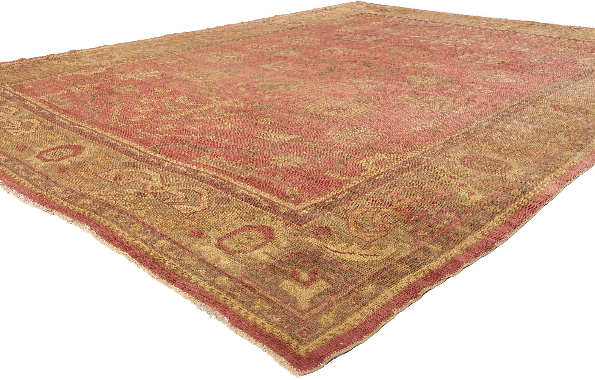 73592 Late 19th Century Antique Turkish Oushak Rug, 10'00 x 13'03. Whispers of the Ancients: A Tableau of Symbols and Sacred Geometry. In the ochre-drenched light of a waning Ottoman sun, this exquisite hand-knotted wool antique Turkish Oushak rug