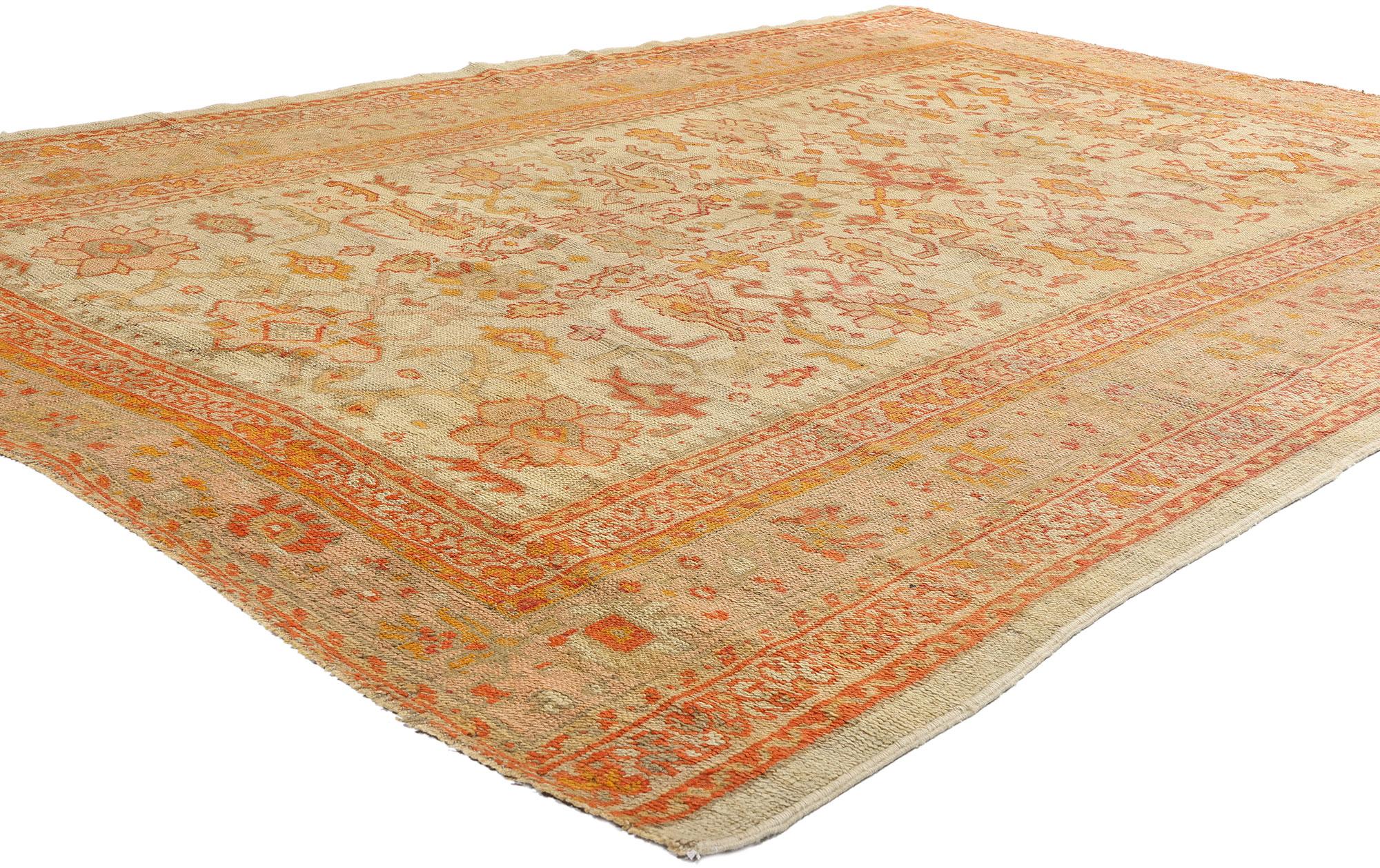 74181 Late 19th Century Antique Turkish Oushak Rug, 07'03 x 10'00. Bathed in the golden light of Anatolia’s fading day, this hand-knotted wool rare antique Turkish Oushak rug, woven in the Late 19th Century, evokes the gentle warmth and soulful
