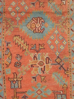 Late 19th Century Antique Turkish Oushak Runner, Coral, Light Blue Handwoven Rug