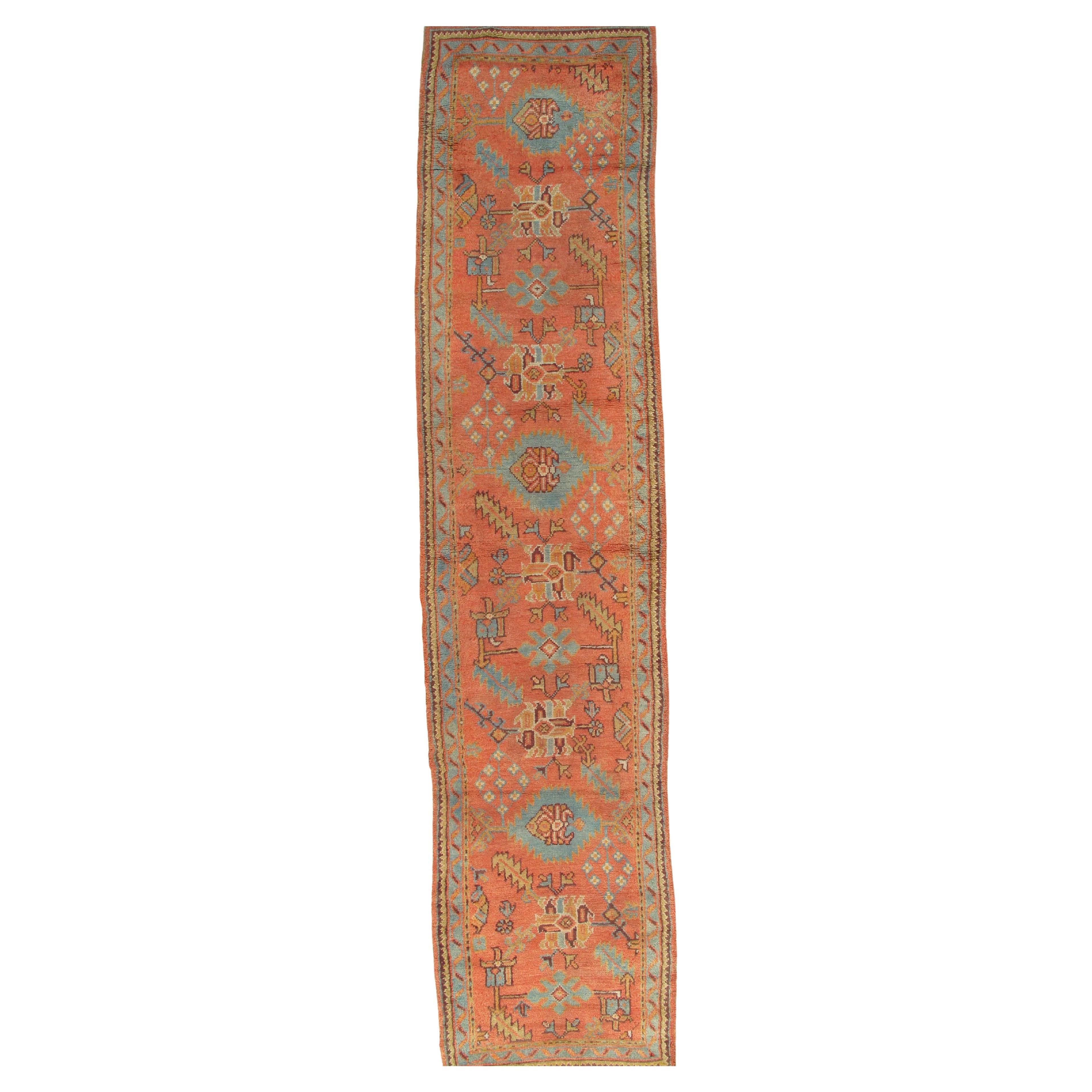 Late 19th Century Antique Turkish Oushak Runner, Coral, Light Blue Handwoven Rug in vendita