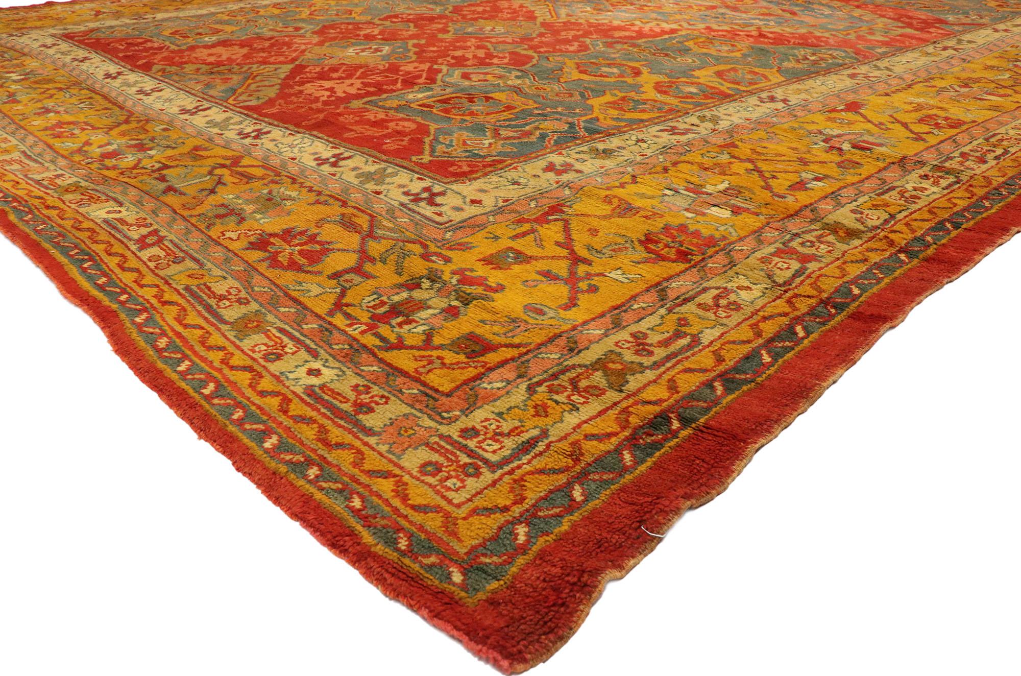 74864, late 19th century antique Turkish Smyrna rug with Modern Northwester style. With its bold expressive design, incredible detail and texture, this hand knotted wool late 19th century antique Turkish Smyrna rug is a captivating vision of woven