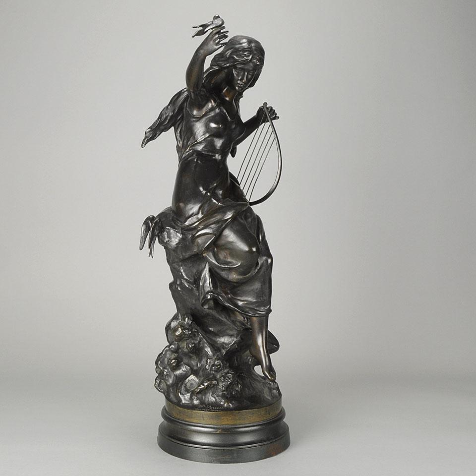 A very fine late 19th century bronze study of an Art Nouveau beauty seated upon a rocky outcrop with a harp in one hand and the other raised above her head with a small bird perched on it, the bronze with excellent hand finished detail and rich