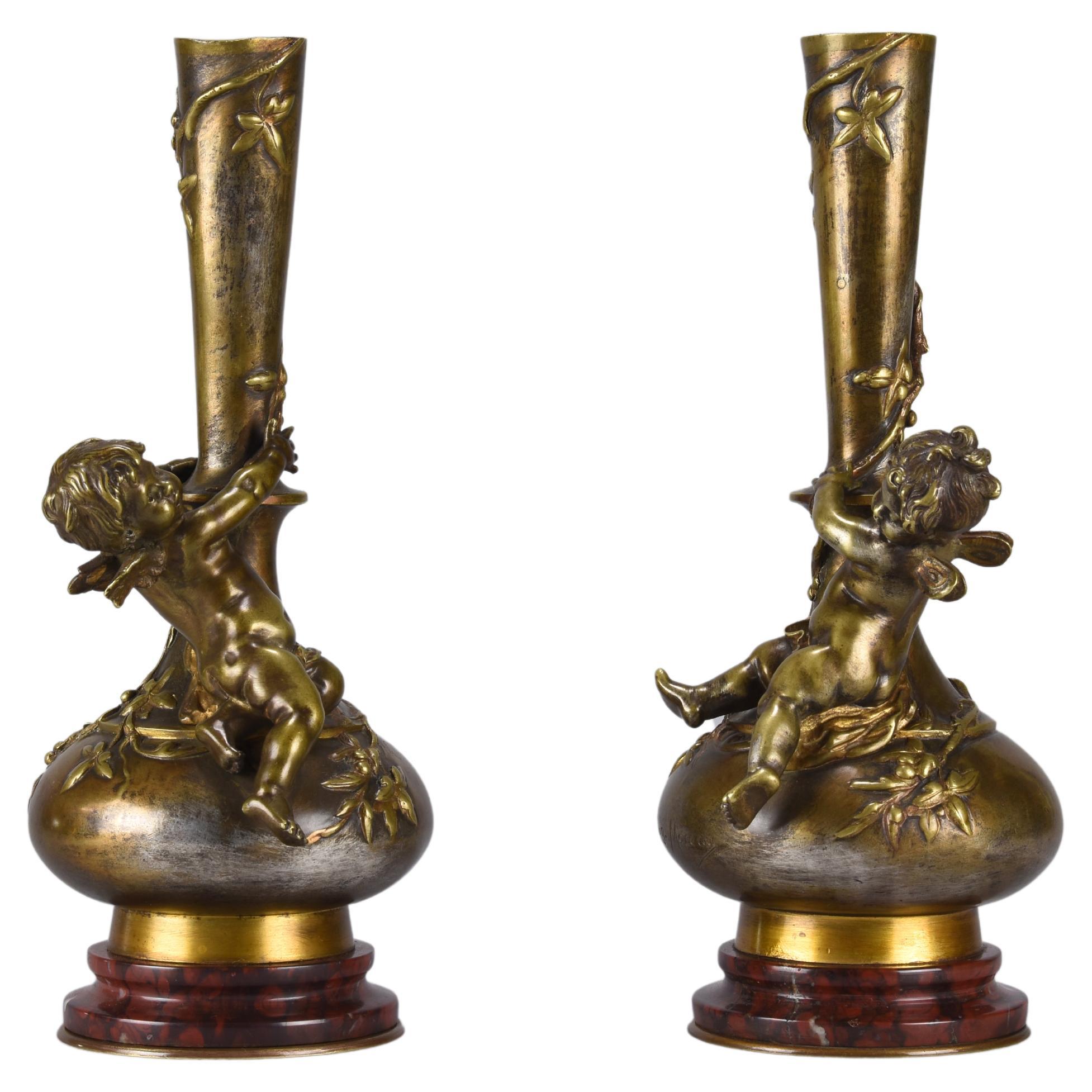 Late-19th Century Art Nouveau Bronze Vase Entitled "Putto Vases" by a Moreau