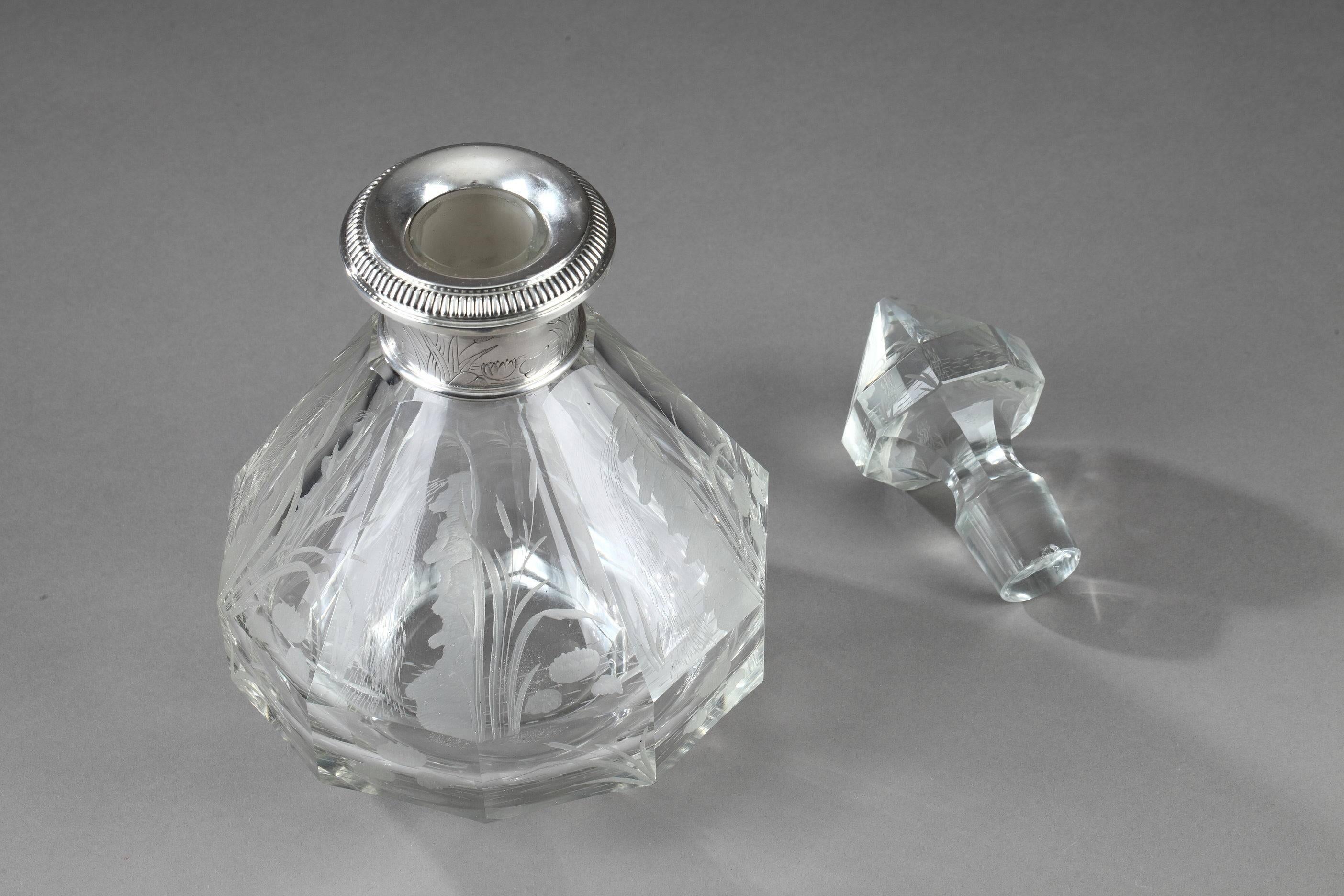 Late 19th Century Art Nouveau Crystal and Silver Flask In Good Condition In Paris, FR