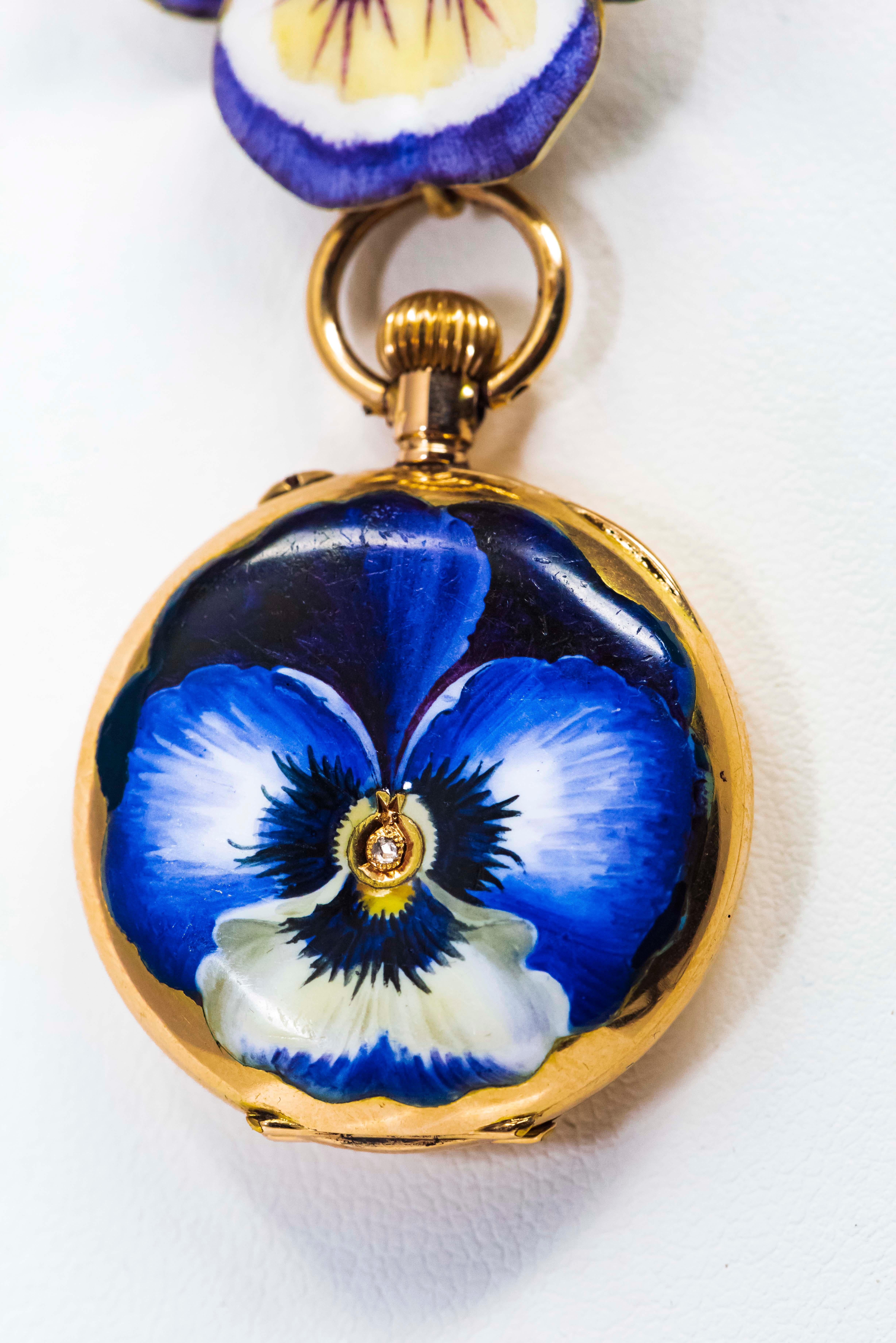 Late 19th Century Art Nouveau Diamond Enamel Pansy Brooch Pin Pendant Necklace For Sale 8