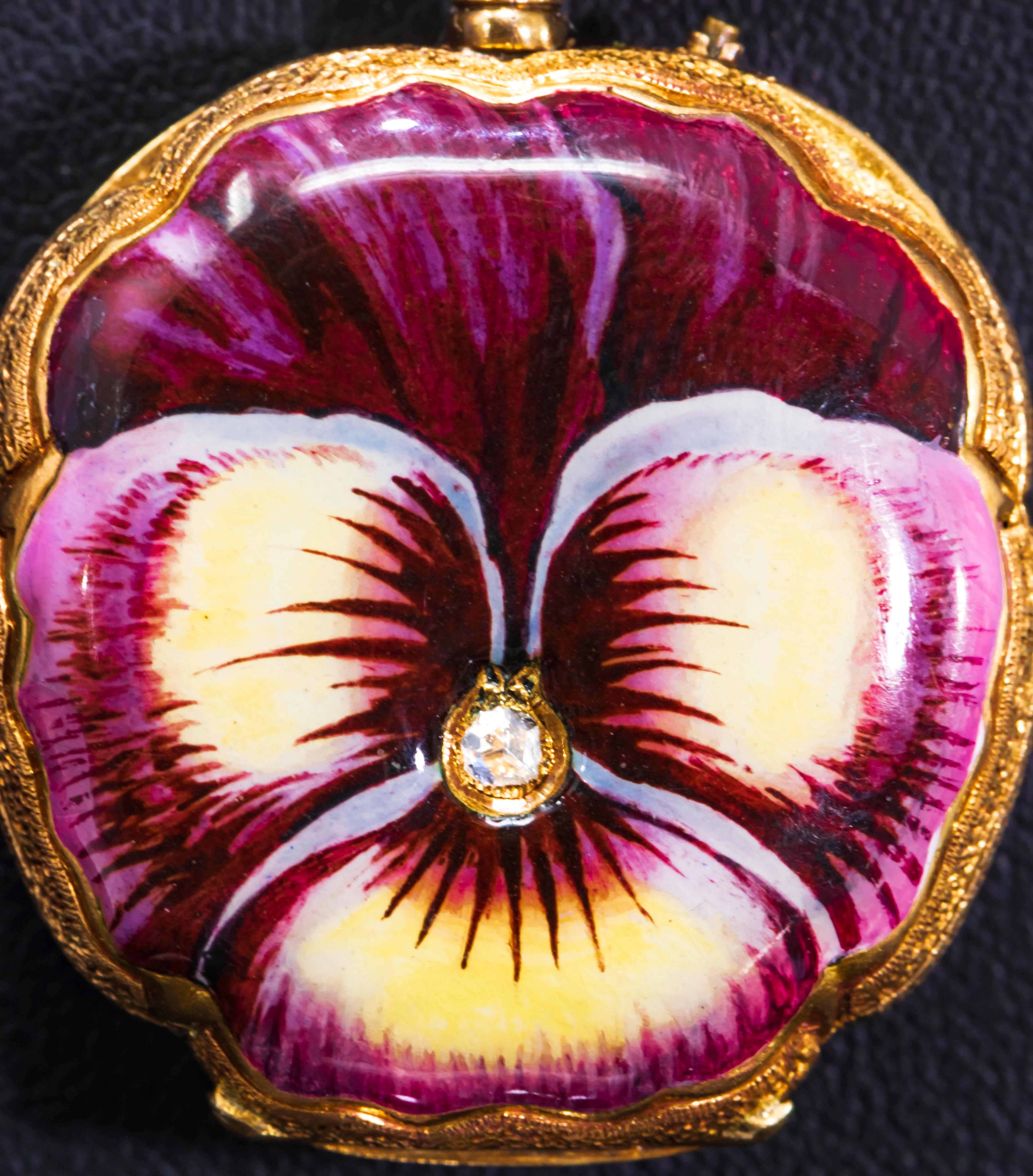 Women's or Men's Late 19th Century Art Nouveau Diamond Enamel Pansy Brooch Pin Pendant Necklace For Sale