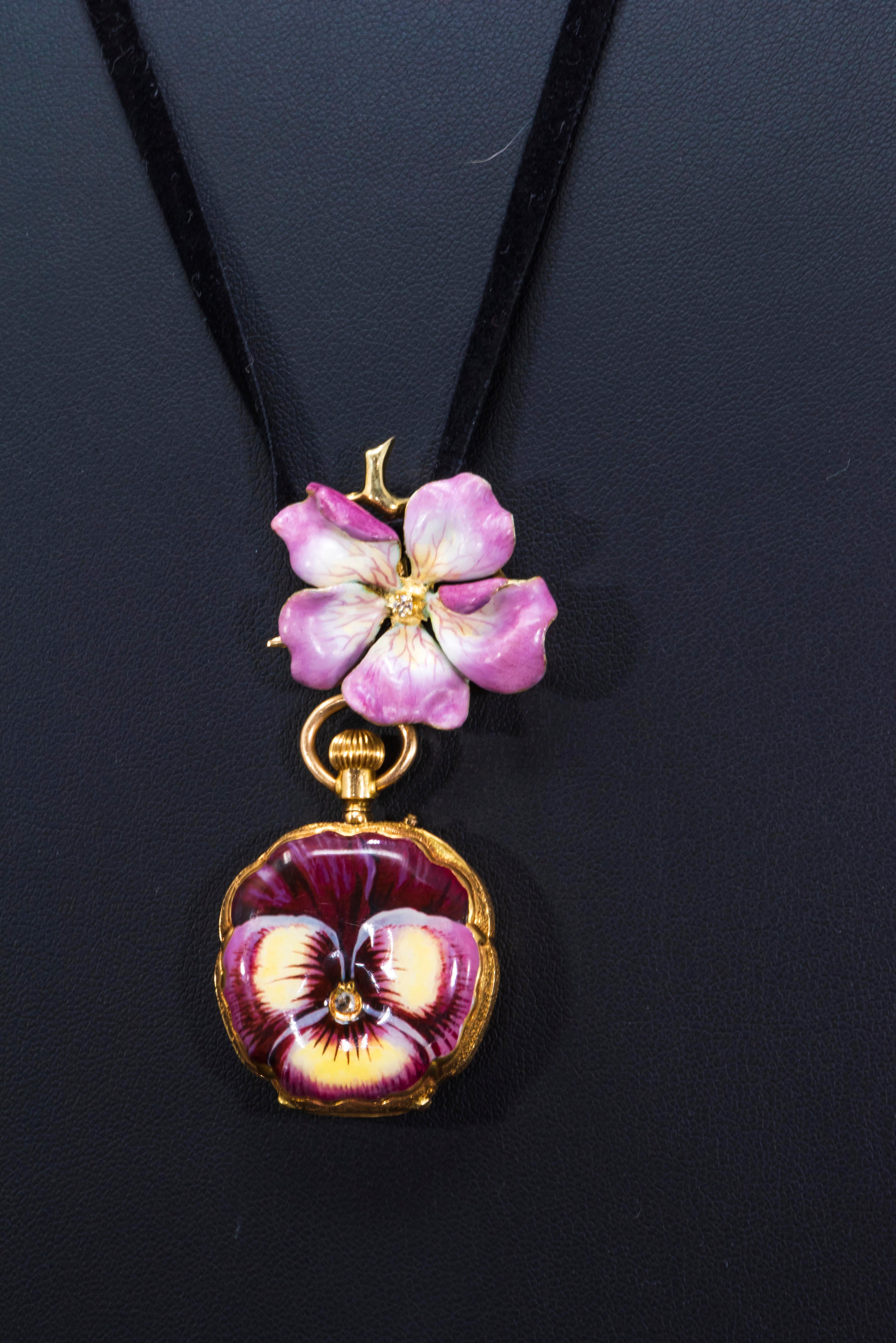 Rose Cut Late 19th Century Art Nouveau Diamond Enamel Pansy Brooch Pin Pendant Necklace For Sale