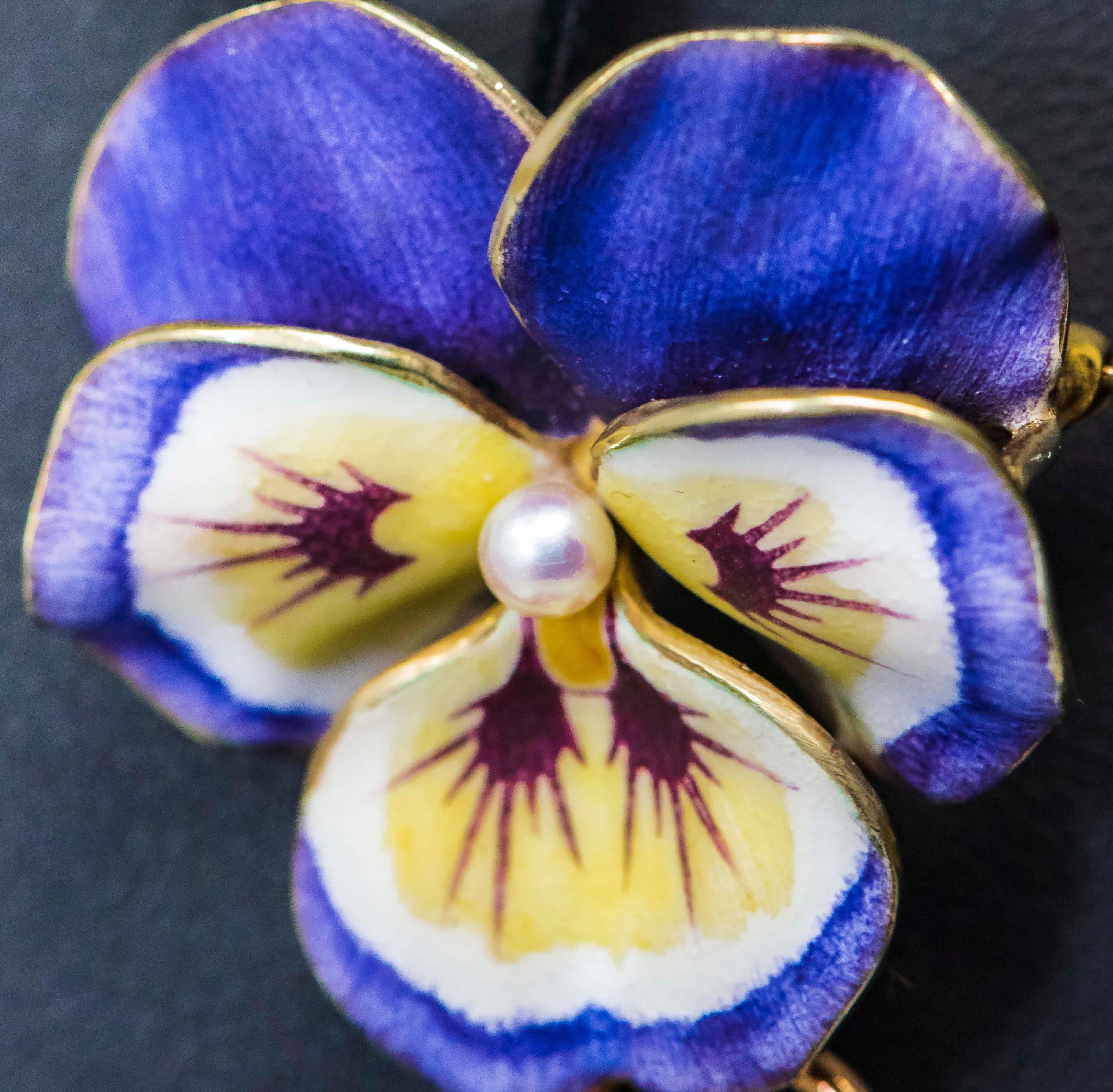 Late 19th Century Art Nouveau Diamond Enamel Pansy Brooch Pin Pendant Necklace For Sale 1