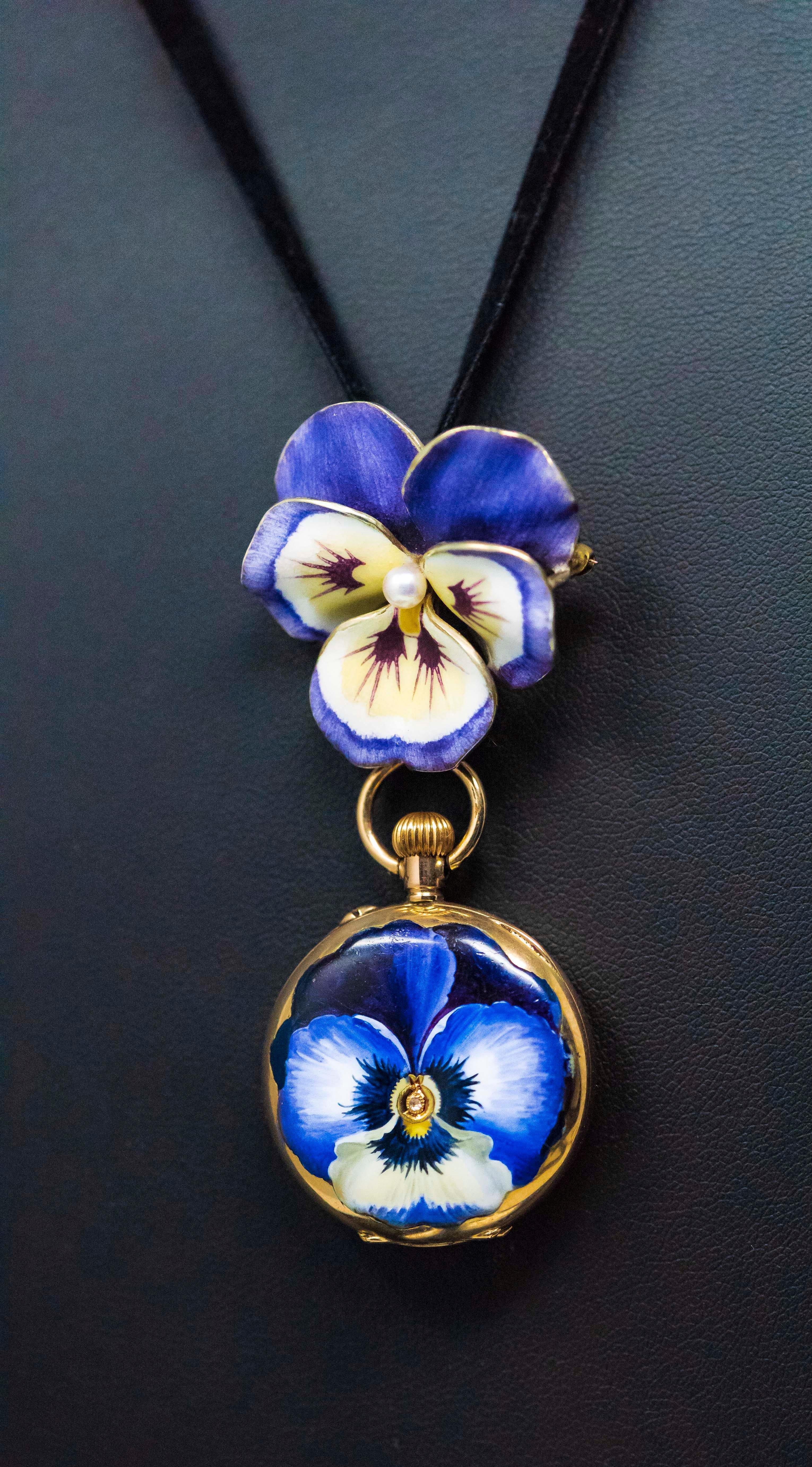 Late 19th Century Art Nouveau Diamond Enamel Pansy Brooch Pin Pendant Necklace For Sale 3