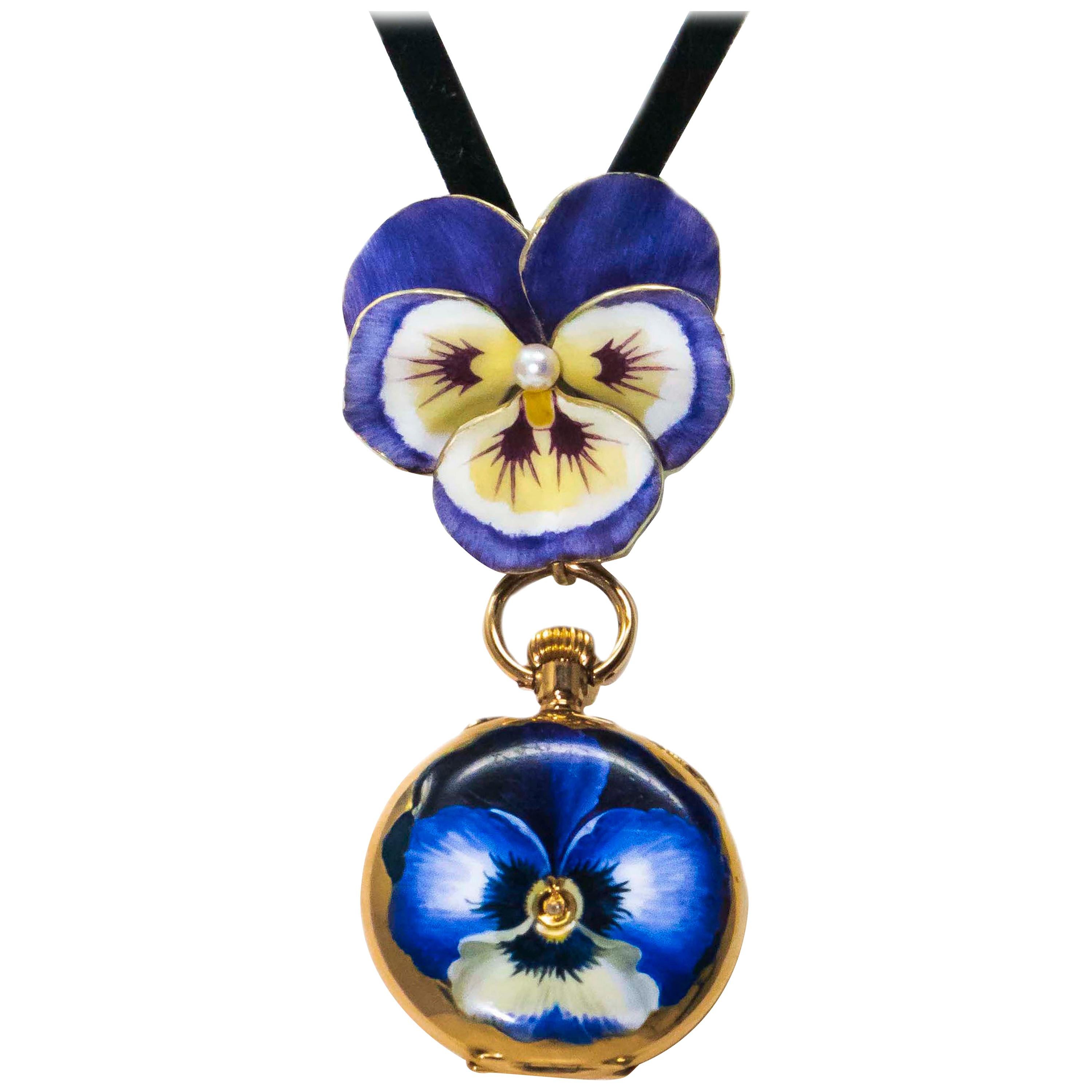 Late 19th Century Art Nouveau Diamond Enamel Pansy Brooch Pin Pendant Necklace For Sale