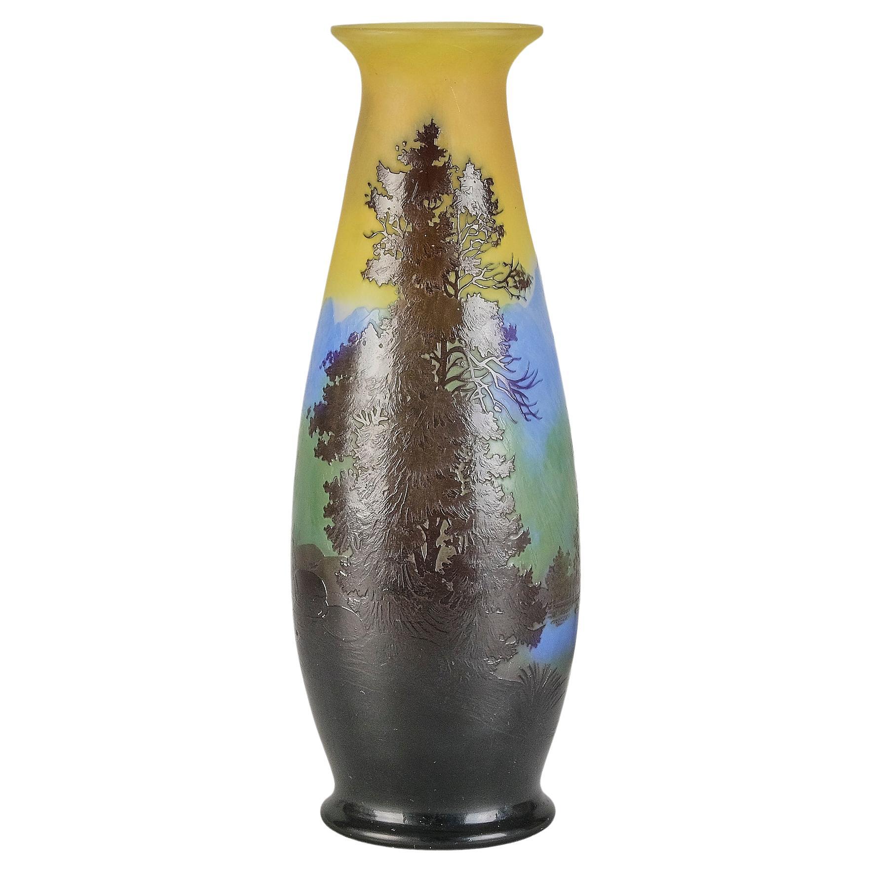 Vaso da paesaggio in vetro cammeo francese della fine del XIX secolo di Emile Gallé
