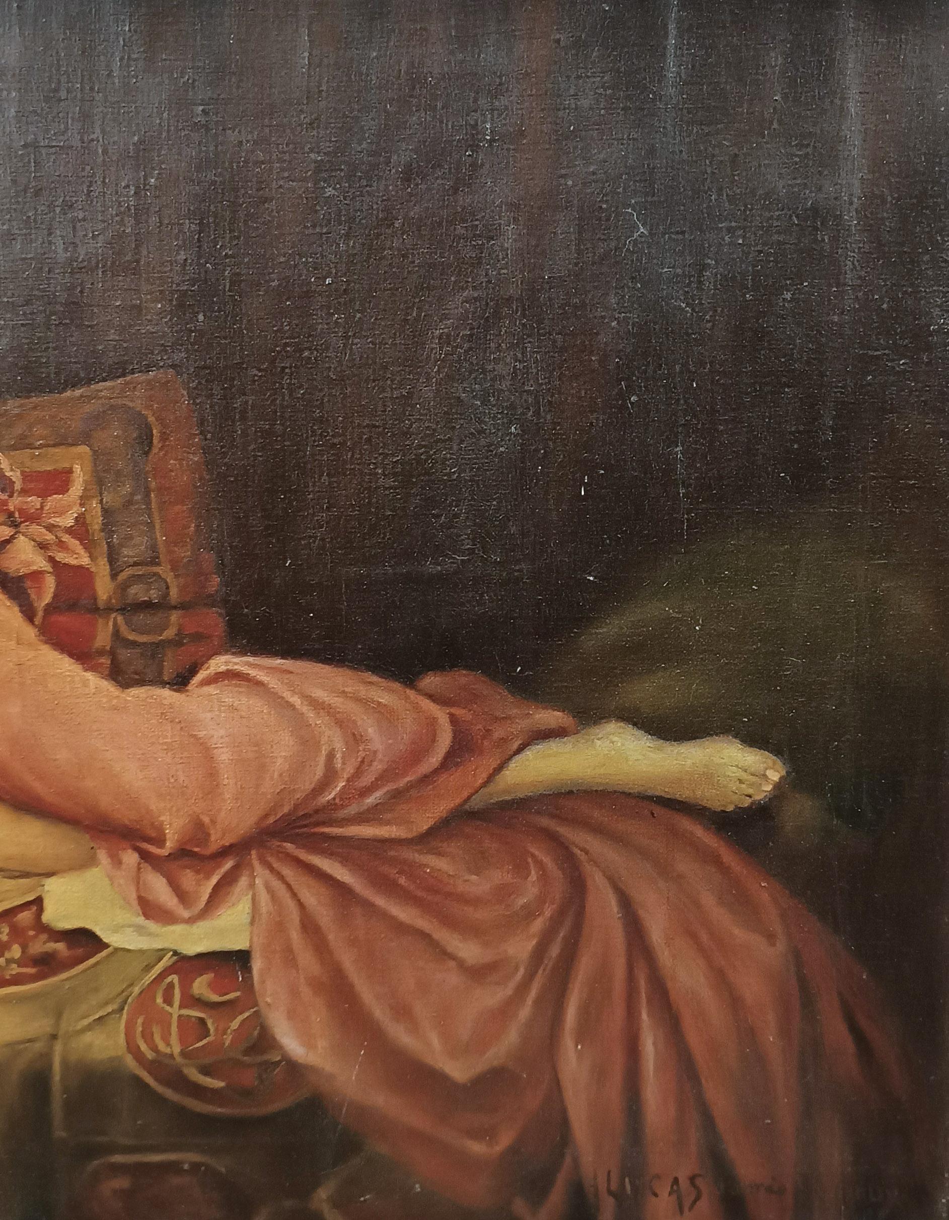 LATE 19th CENTURY ART NOUVEAU PAINTING OF A FEMALE NUDE (Handbemalt) im Angebot