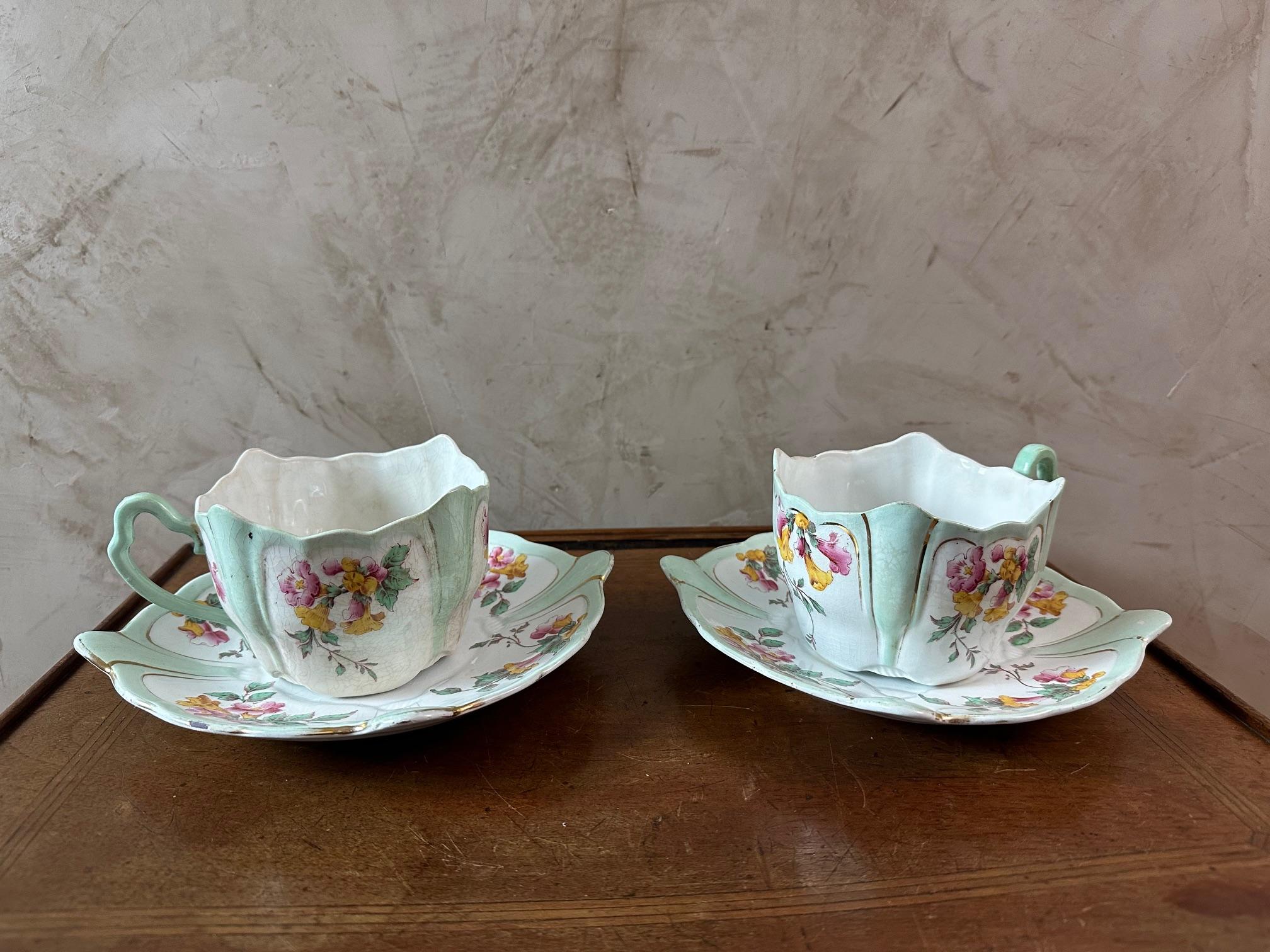 French Late 19th century Art Nouveau Pair of Earthenware Tea Cups, 1900s For Sale