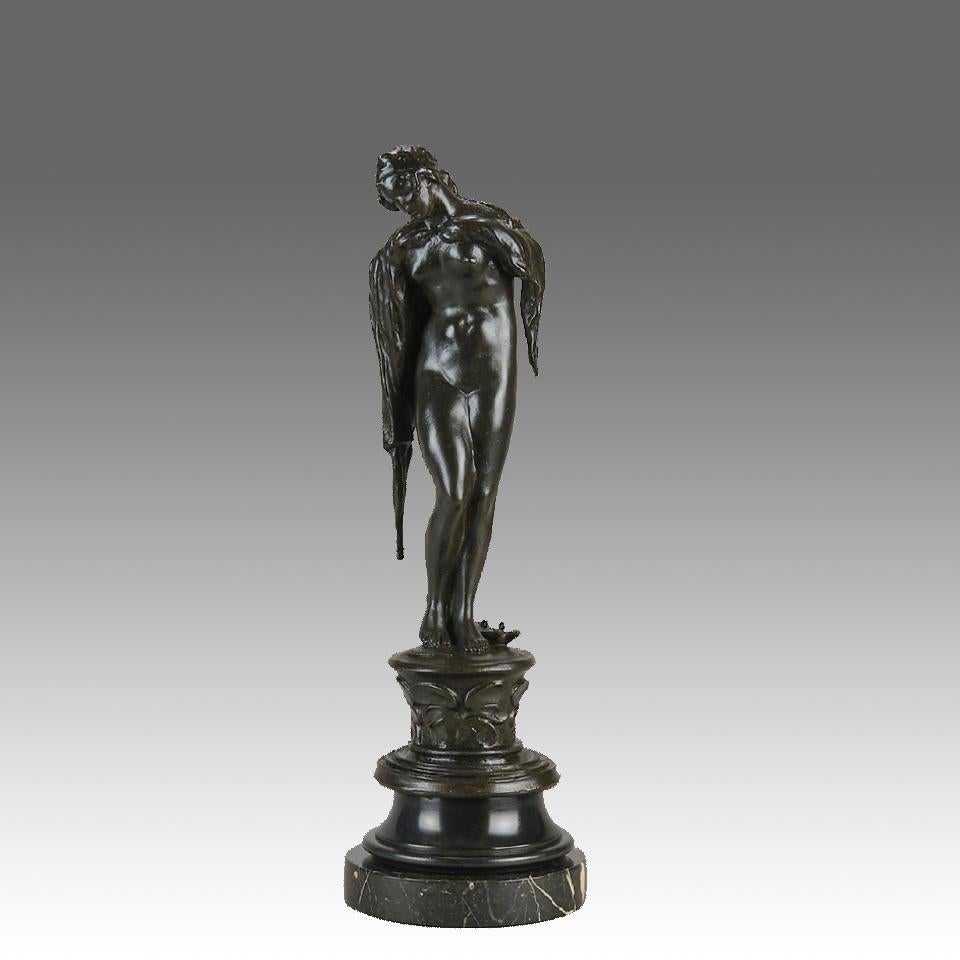 An excellent late 19th Century patinated Art Nouveau bronze study of a naked beauty standing on a podium with a cape draped over her shoulders, raised on a marble plinth and signed 

ADDITIONAL INFORMATION
Height:                                    