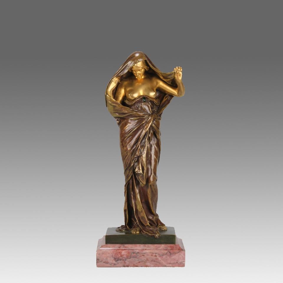 Wonderful late 19th Century Art Nouveau French bronze figure of a seductively draped female figure representing, in allegorical form, Nature revealing her secrets to Science, a fitting theme for the late nineteenth century. The interest in nature