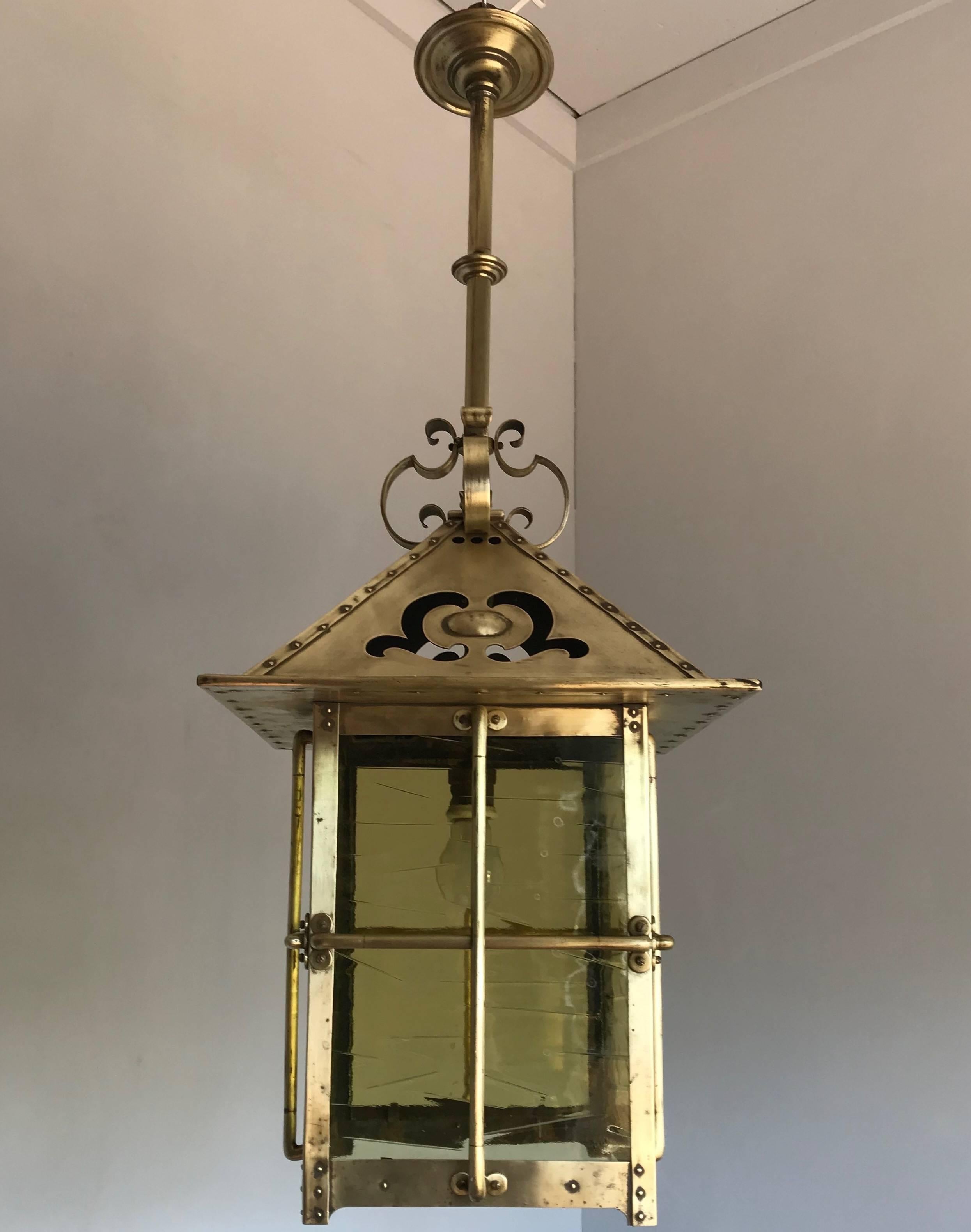 Large, Late 19th Century Arts & Crafts Brass & Glass Pendant / Light Fixture For Sale 7