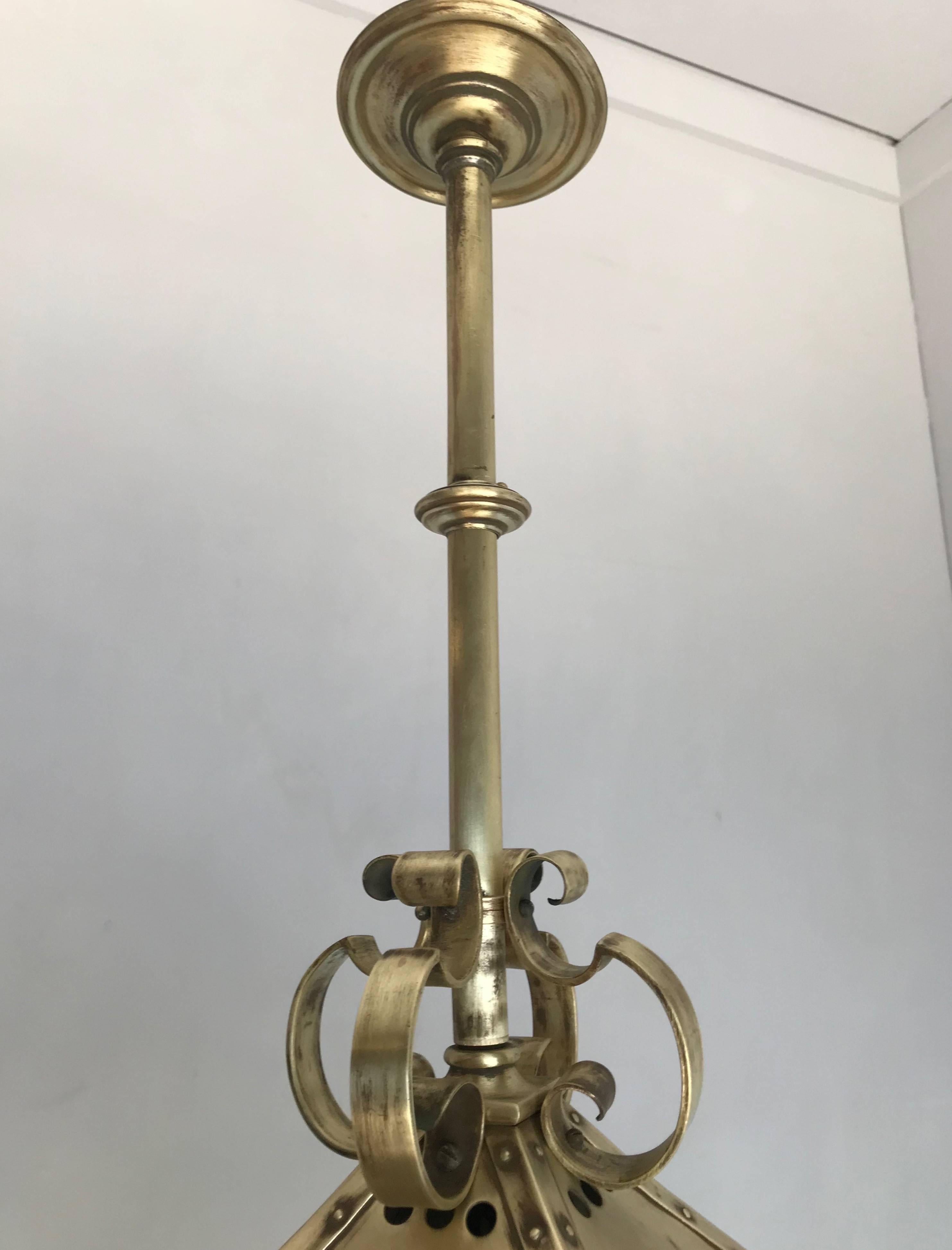 Large, Late 19th Century Arts & Crafts Brass & Glass Pendant / Light Fixture For Sale 8