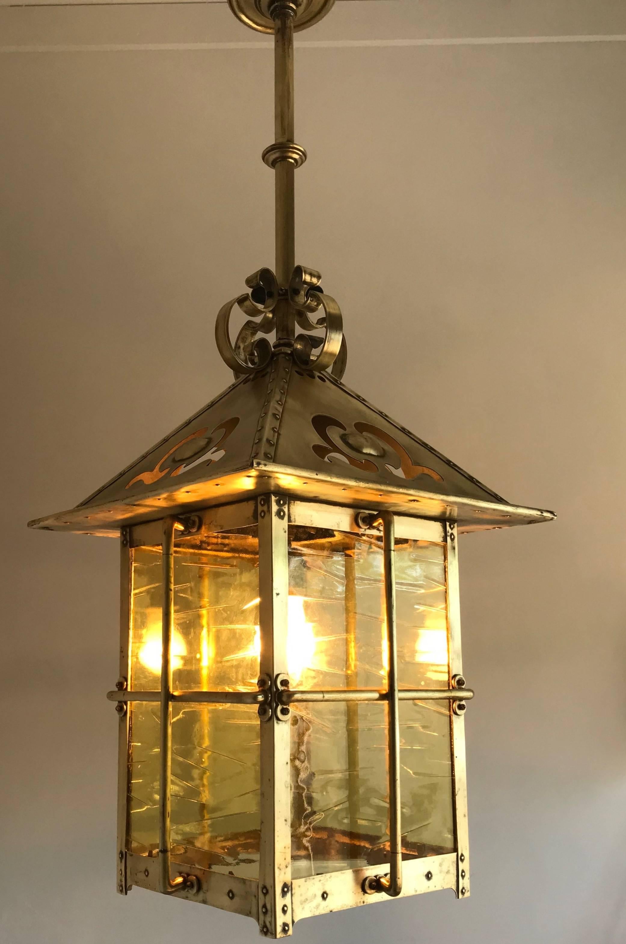 Large, Late 19th Century Arts & Crafts Brass & Glass Pendant / Light Fixture For Sale 9