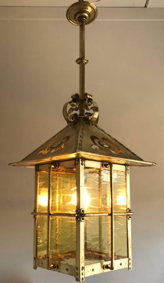 Extra Large Arts & Crafts Brass and Glass Entrance Pendant Light Fixture, 1900s