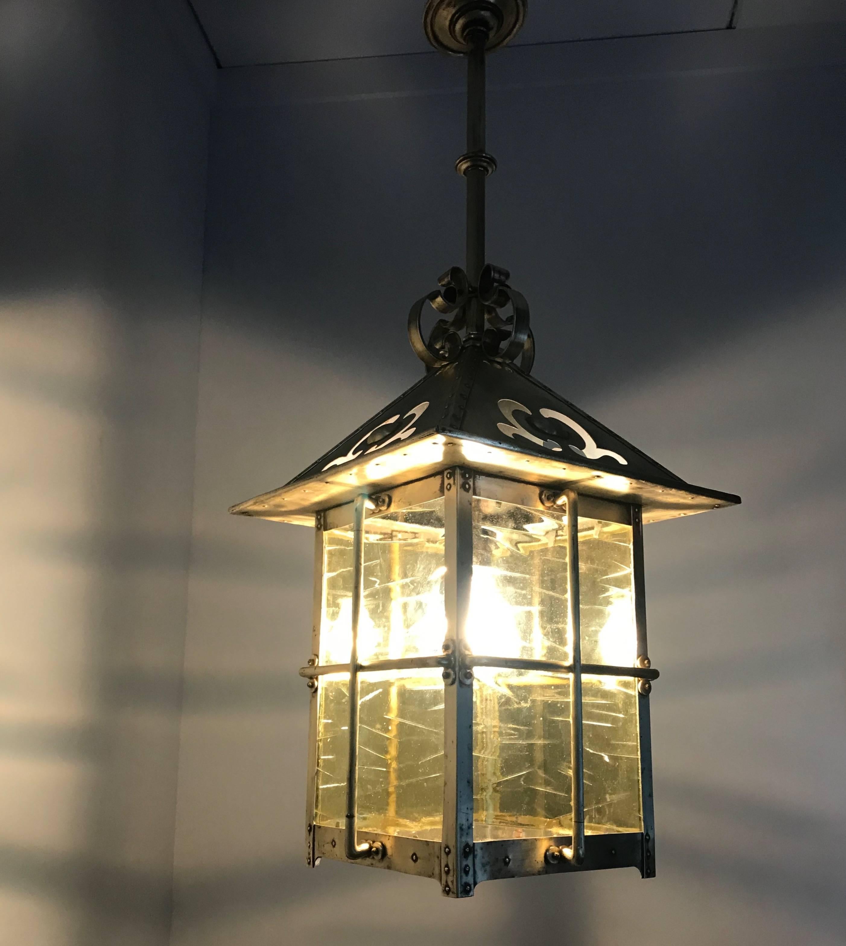 Arts and Crafts Large, Late 19th Century Arts & Crafts Brass & Glass Pendant / Light Fixture For Sale