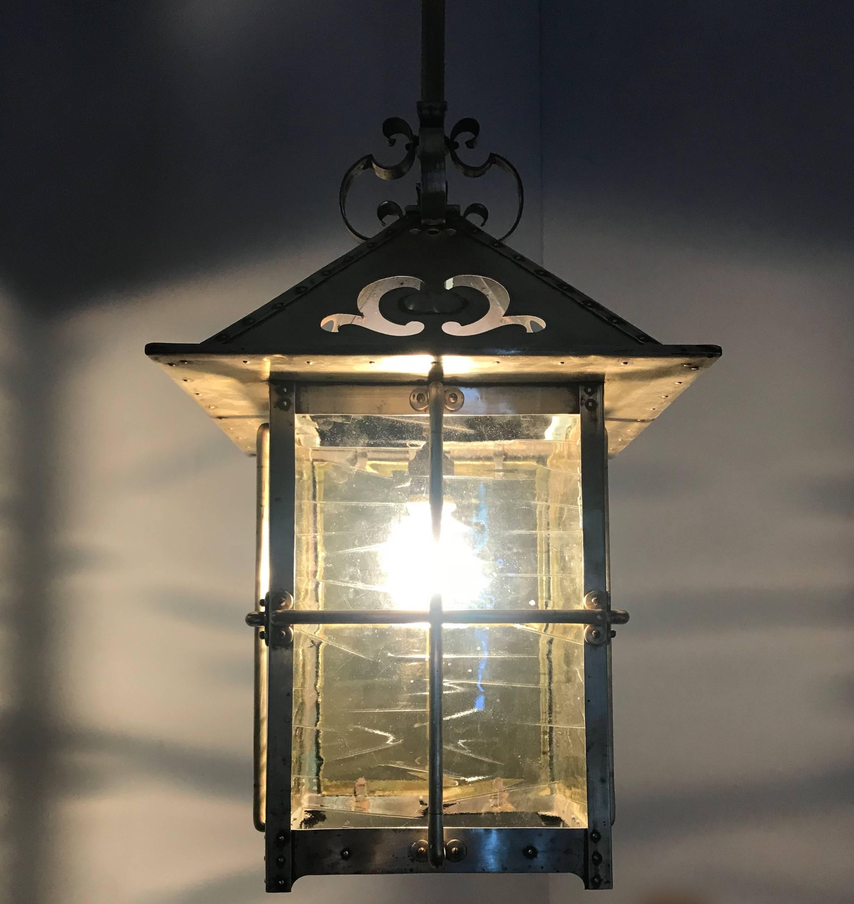 Large, Late 19th Century Arts & Crafts Brass & Glass Pendant / Light Fixture For Sale 2
