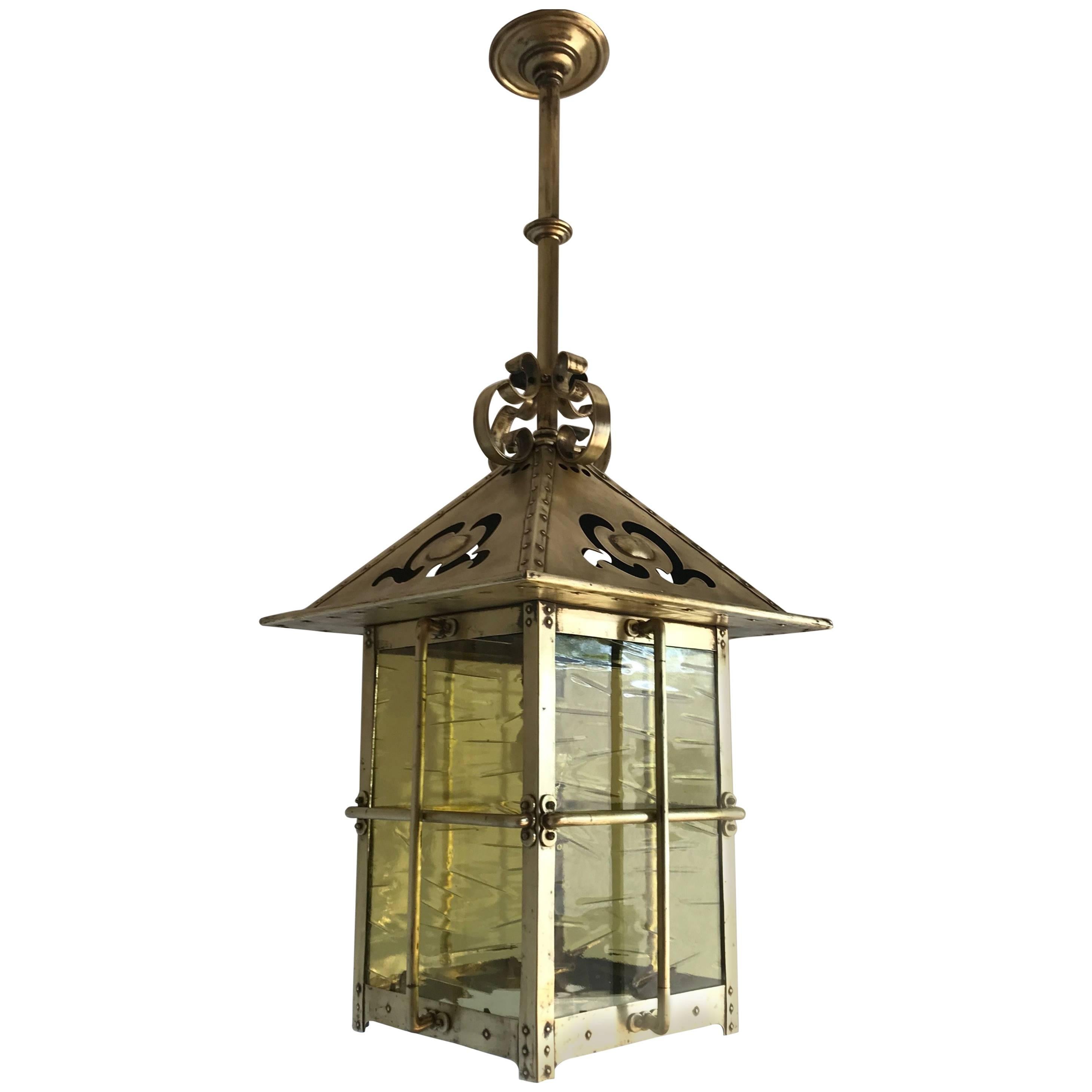 Large, Late 19th Century Arts & Crafts Brass & Glass Pendant / Light Fixture For Sale