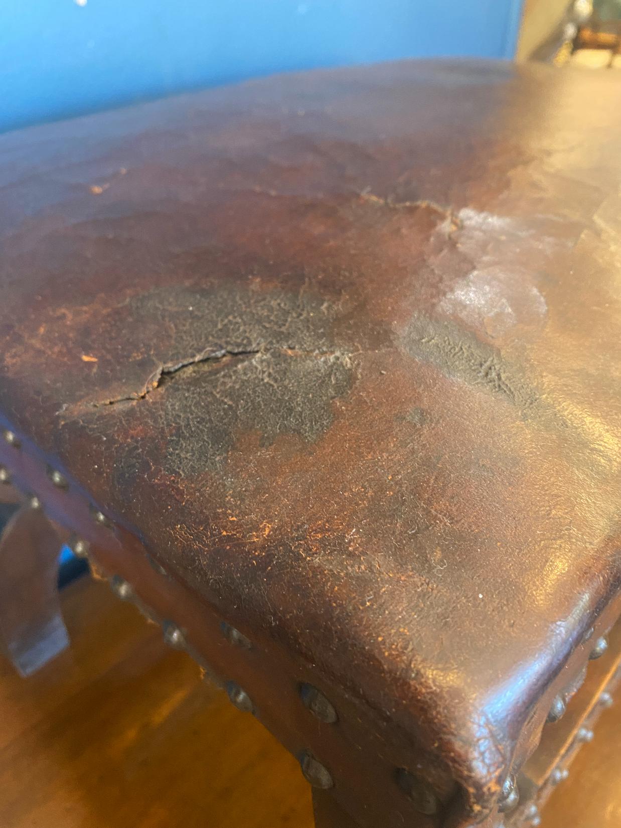 Late 19th Century Arts & Crafts Brown Leather Stool with Brass Nail Head Trim In Good Condition For Sale In Middleburg, VA