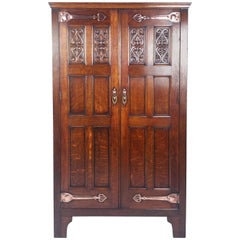 Antique Late 19th Century Arts & Crafts Two-Door Hall Wardrobe with Ornate Mounts