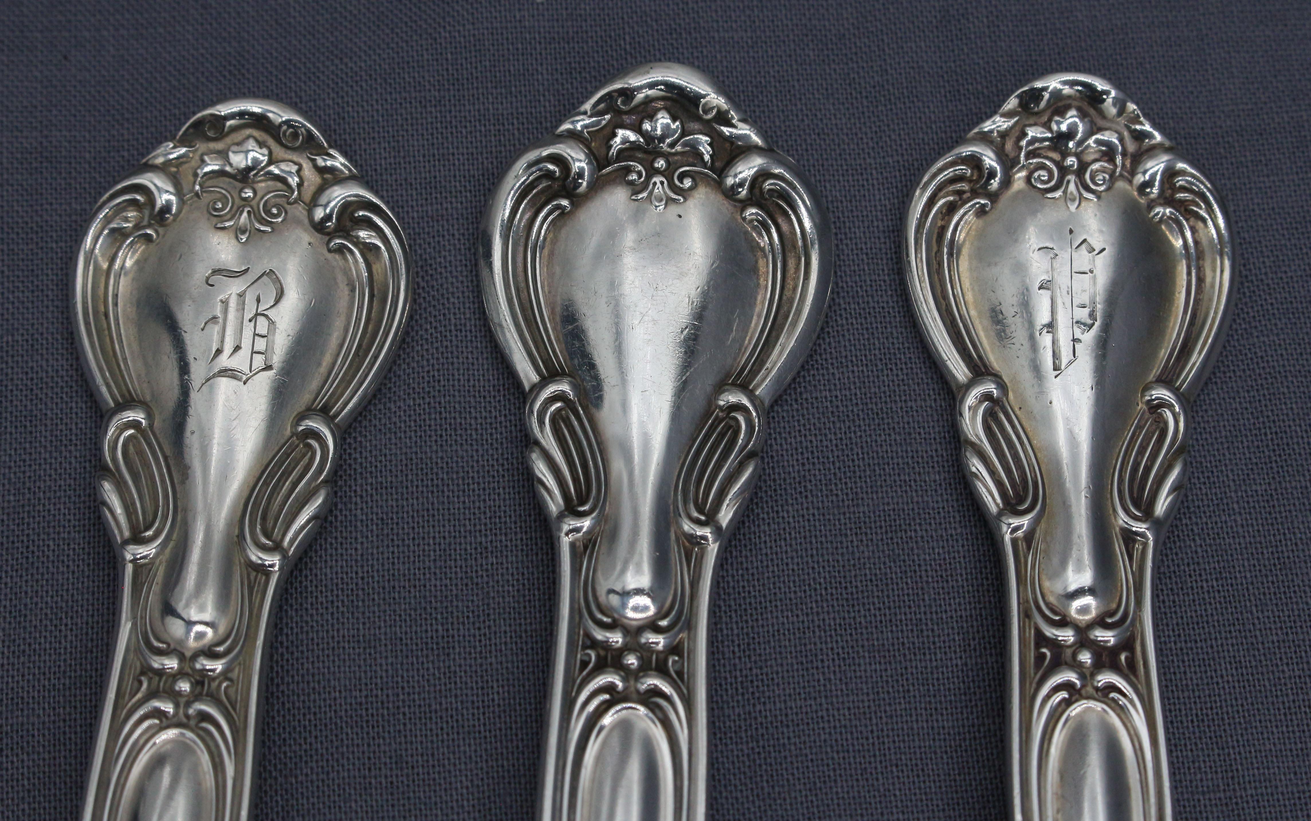 Late 19th Century Assembled Set of 7 Sterling Silver Luncheon Forks by Gorham In Good Condition For Sale In Chapel Hill, NC