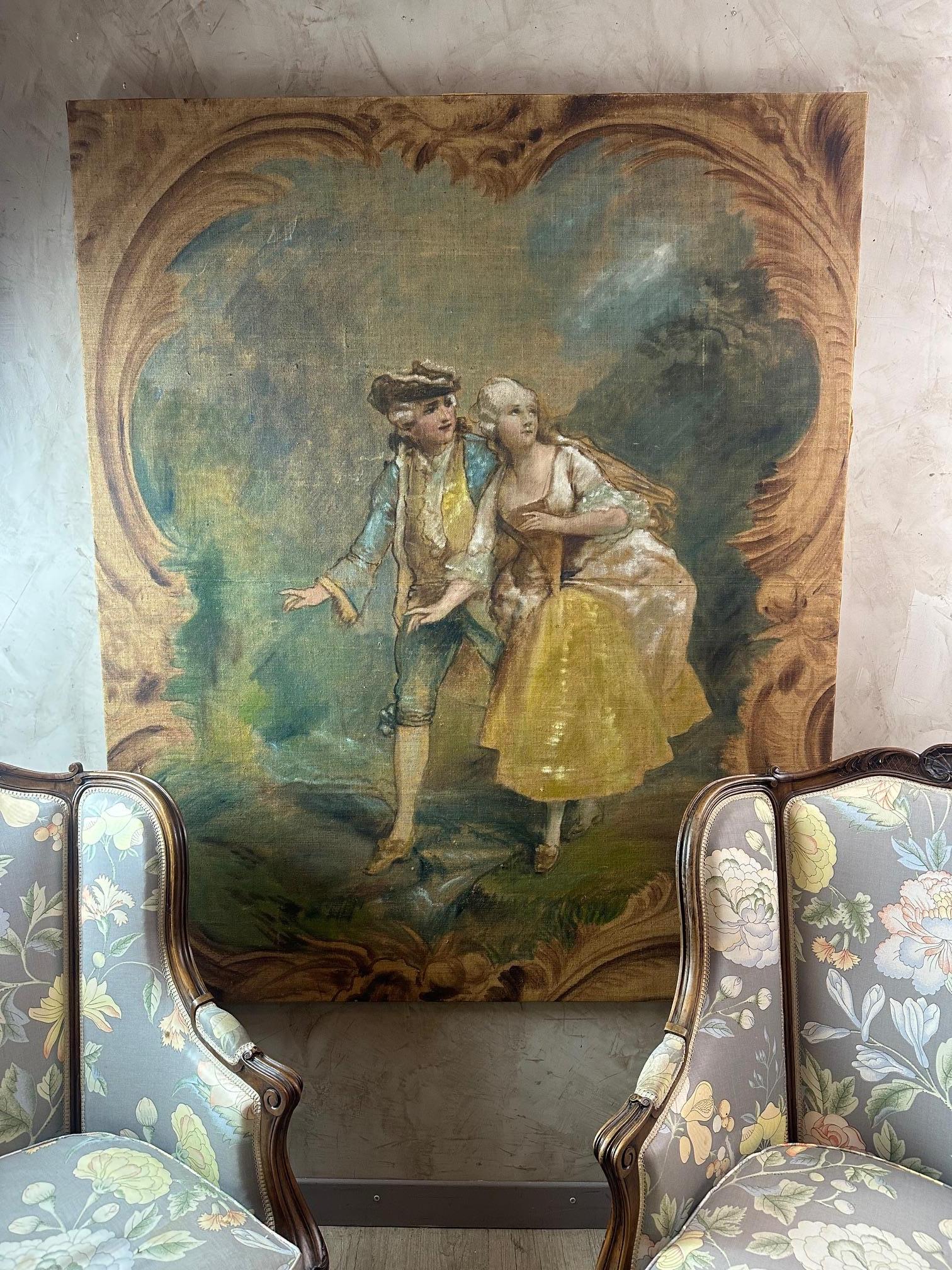 Très belle grande toile attribuée à Théodore Levigne (1848-1912), scène galante de style Louis XV.
Grande huile sur toile. Scène romantique.
Très beau geste du peintre. Non signée.
Pour les amateurs de scènes romantiques et élégantes. 
Théodore