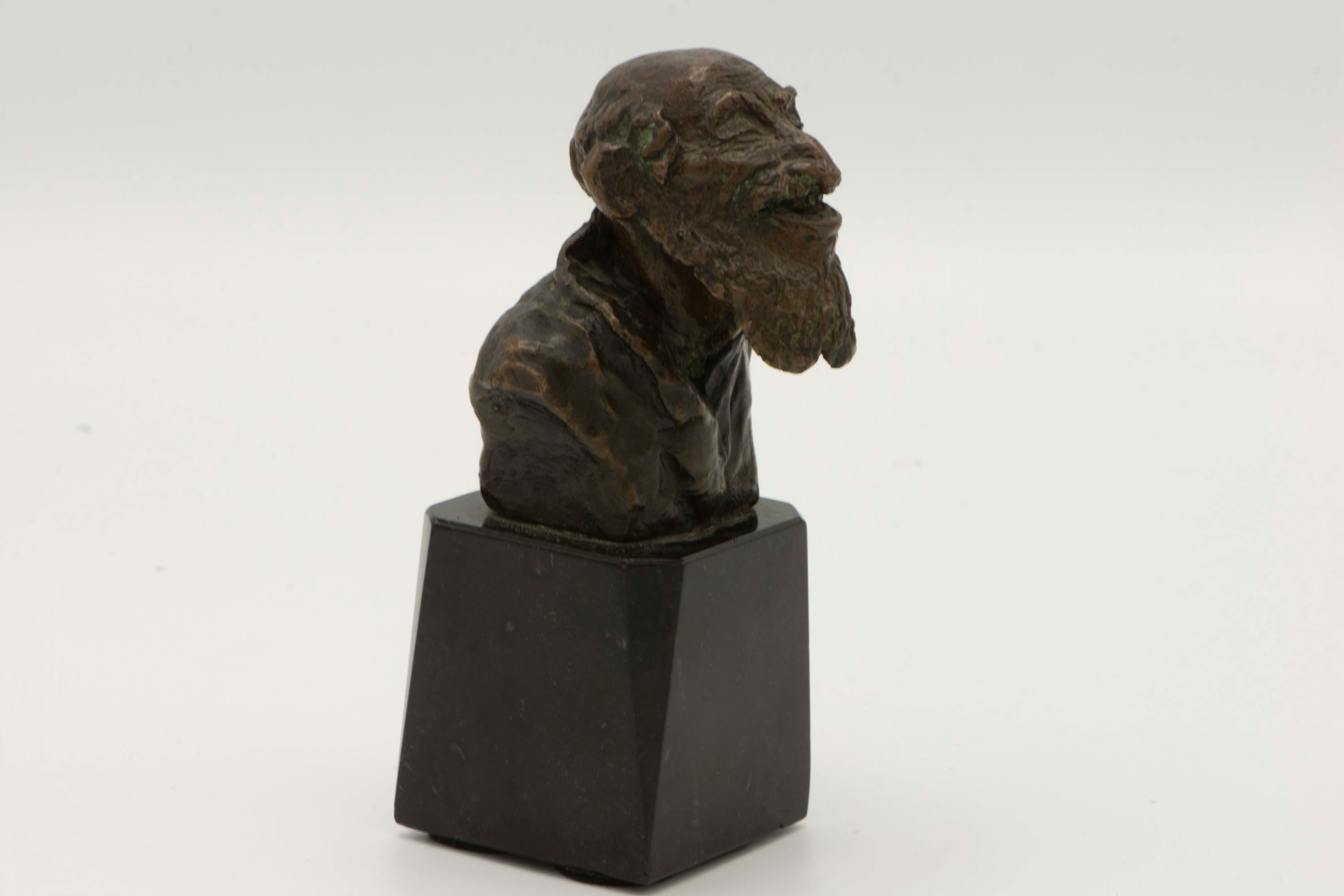 Extremely well cast, with very fine details, bronze bust of a bearded Jew, Austria ,circa 1880.
The bust is screwed on a marble base, and measures 3.25 inches high, 2.5 inches wide, 2.25 inches deep.
This bronze would have been very expensive to