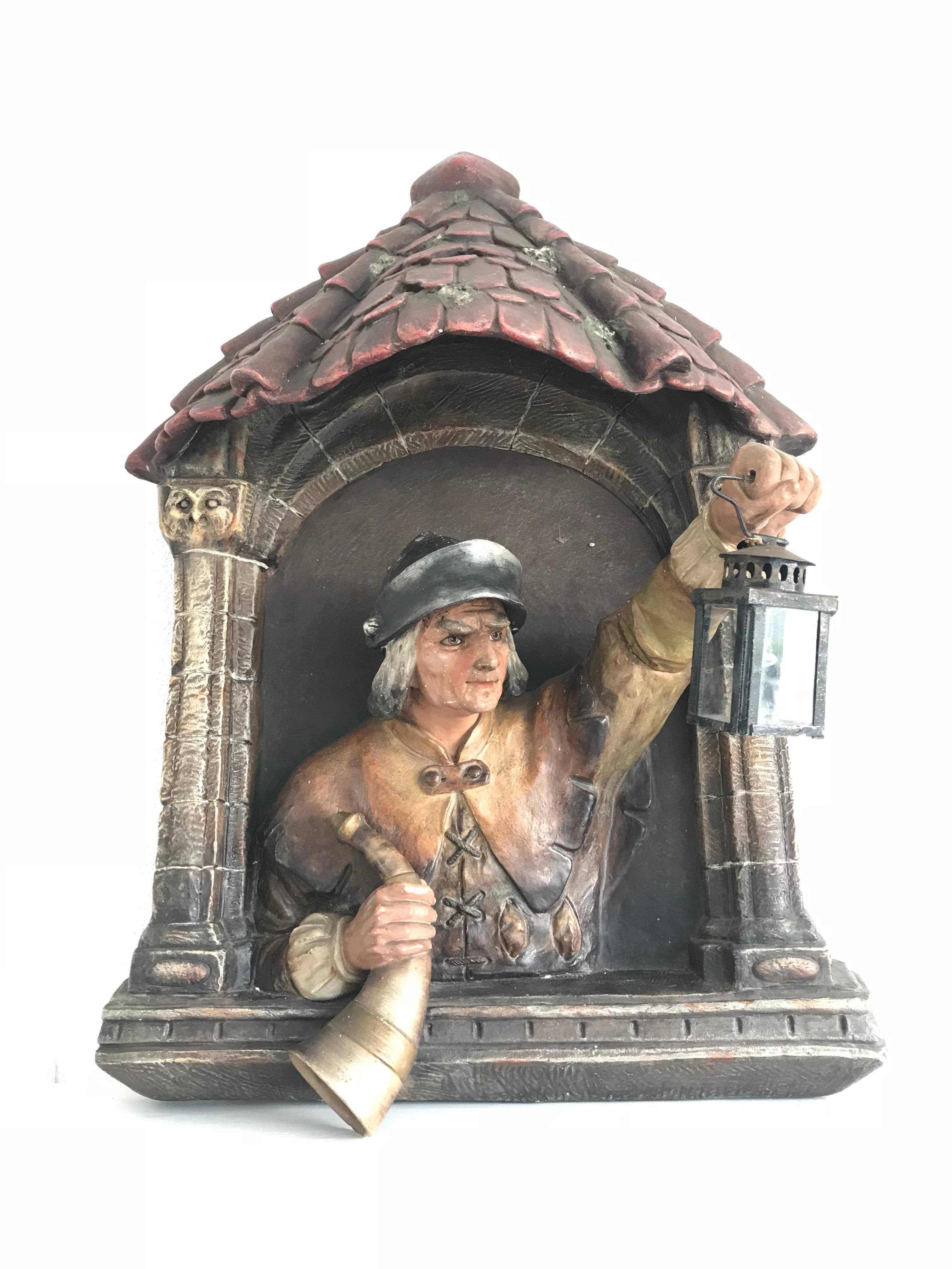 Stunning and polychrome painted sculpture by Johann Maresh. 

This wonderful quality, sculptural terracotta plaque by renowned artist Johann Maresch (1821-1914) is in very good condition. The sharp eyed male holding up his lantern is staring into