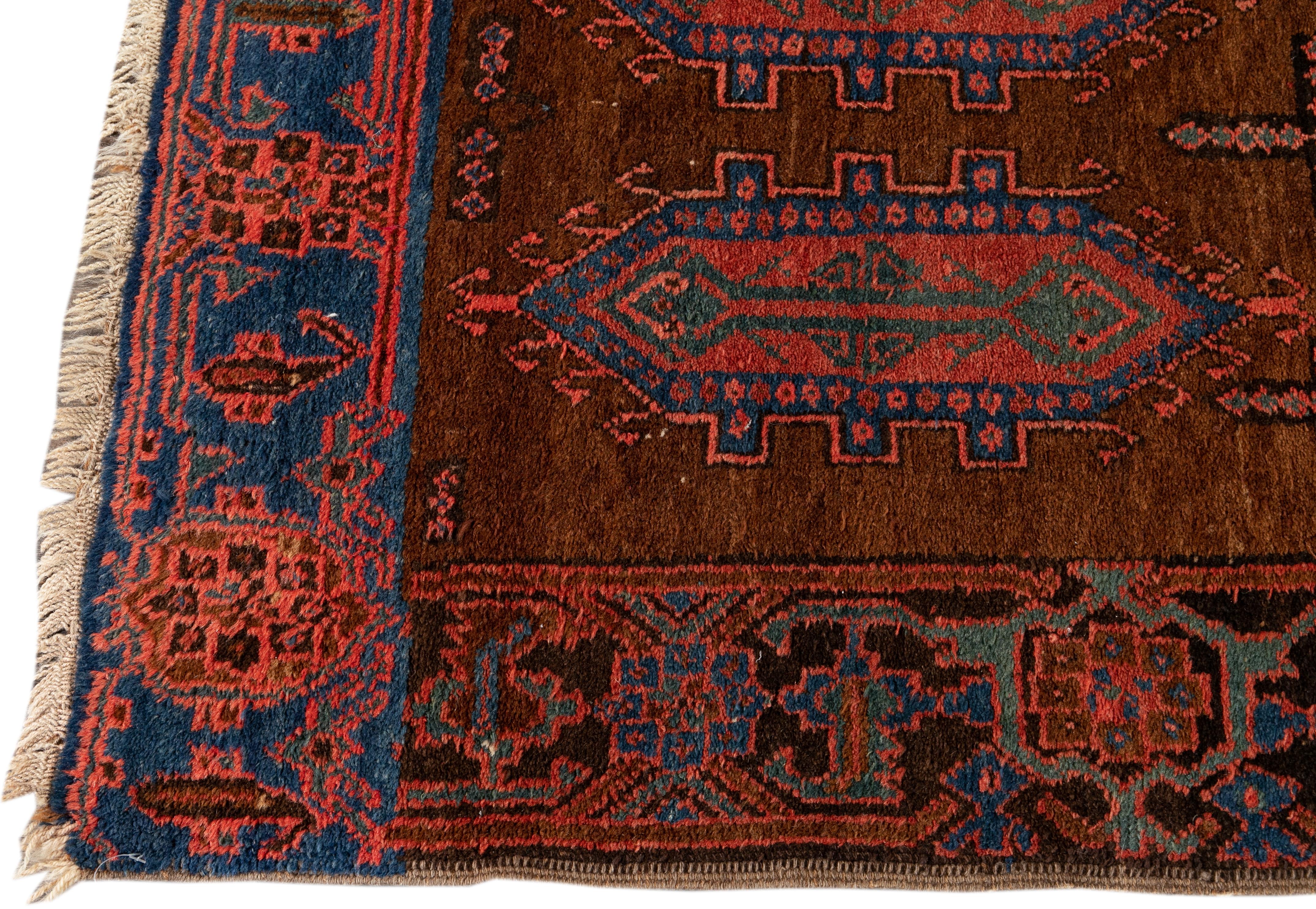 Persian 19th-Century Antique Bakshaish Handmade Geometric Brown Wool Runner For Sale