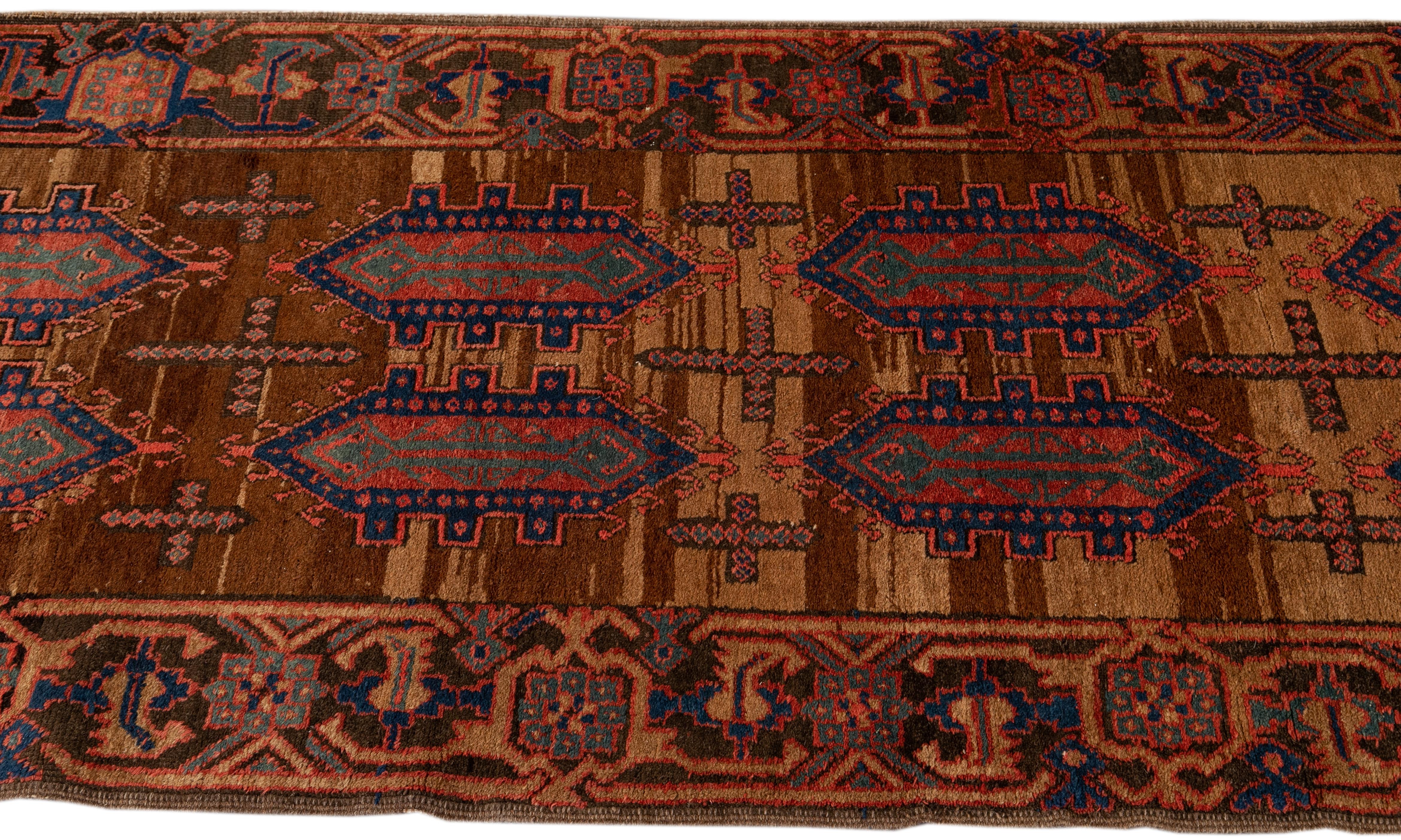 19th-Century Antique Bakshaish Handmade Geometric Brown Wool Runner In Excellent Condition For Sale In Norwalk, CT
