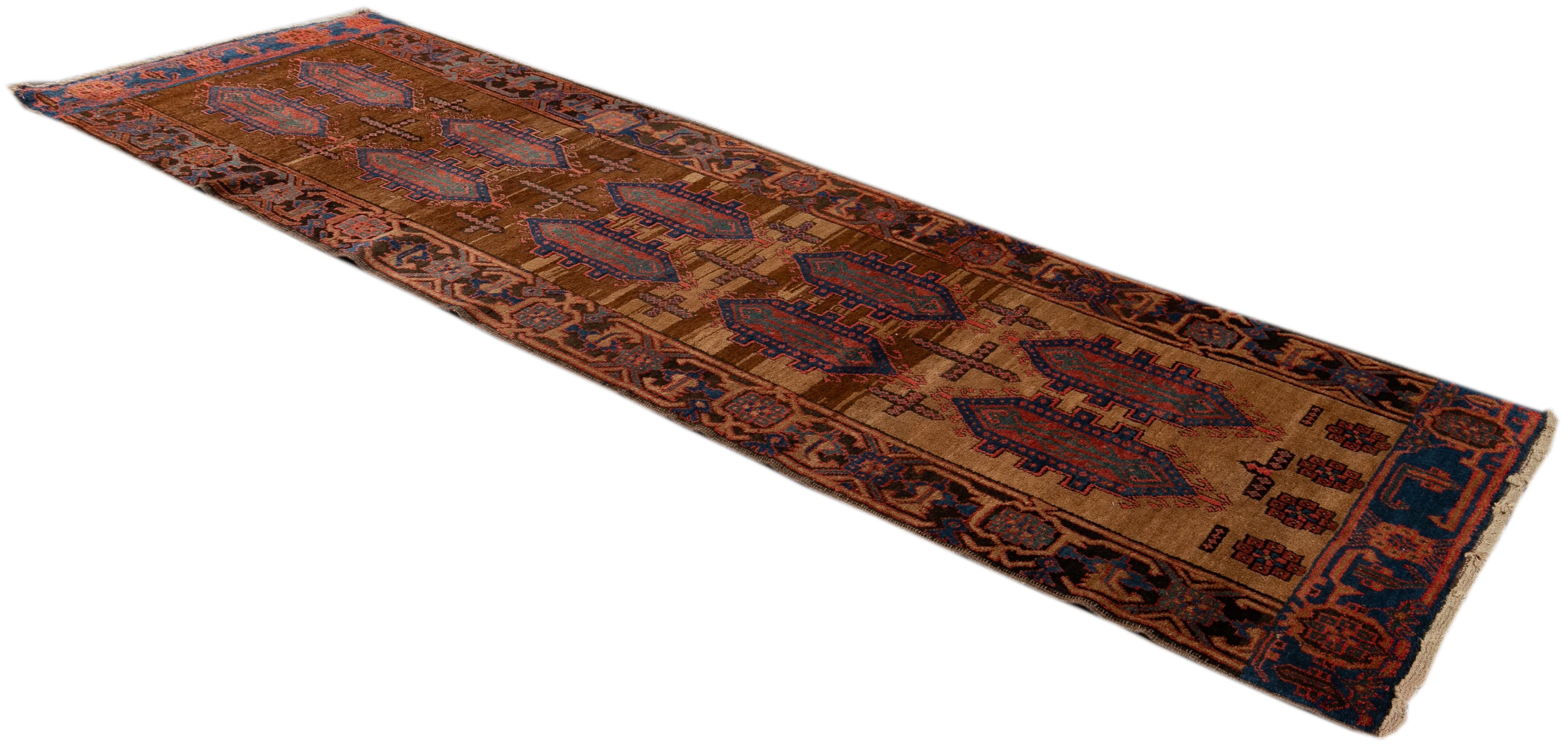 19th-Century Antique Bakshaish Handmade Geometric Brown Wool Runner For Sale 1