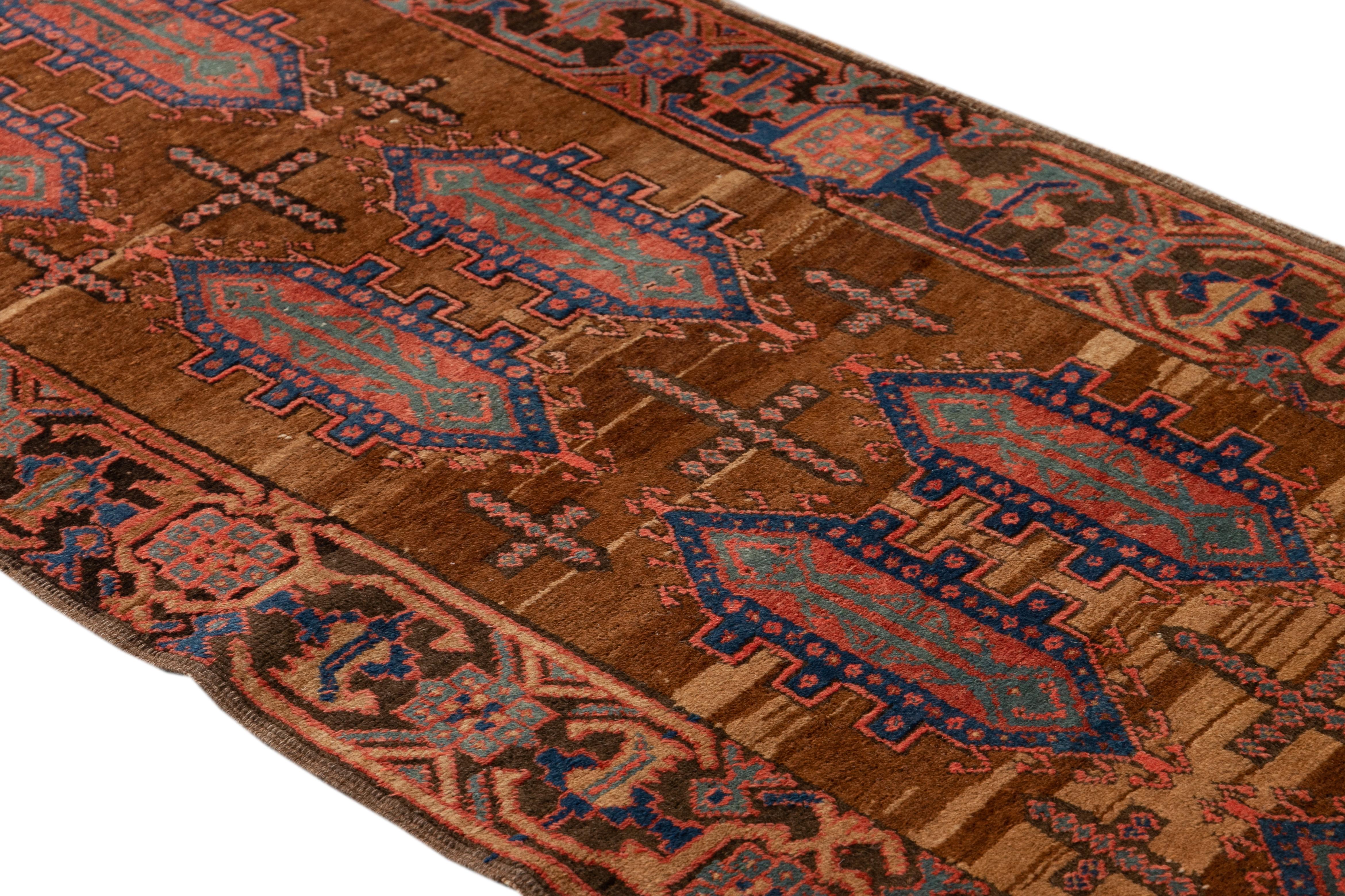 19th-Century Antique Bakshaish Handmade Geometric Brown Wool Runner For Sale 3