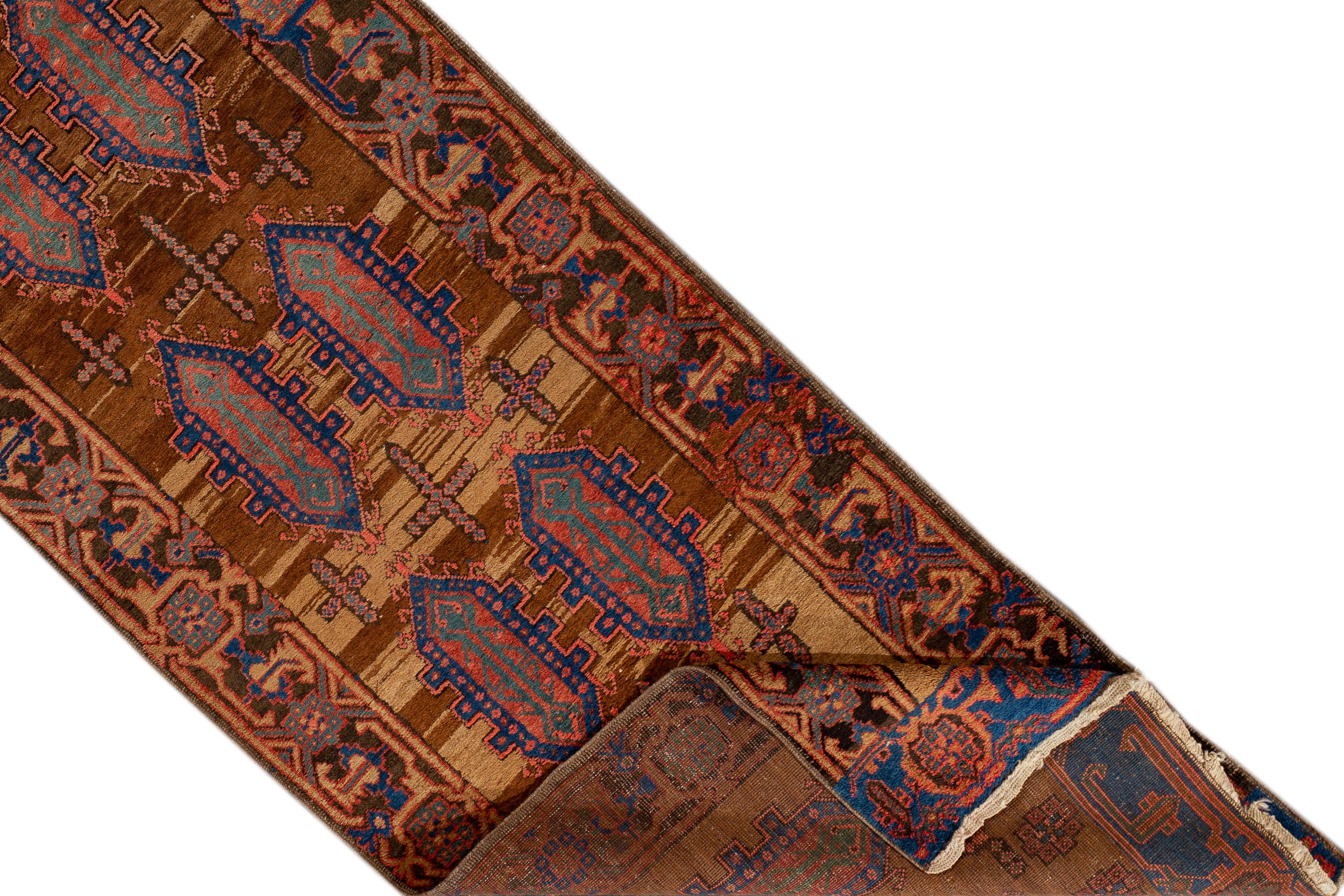 19th-Century Antique Bakshaish Handmade Geometric Brown Wool Runner For Sale 4