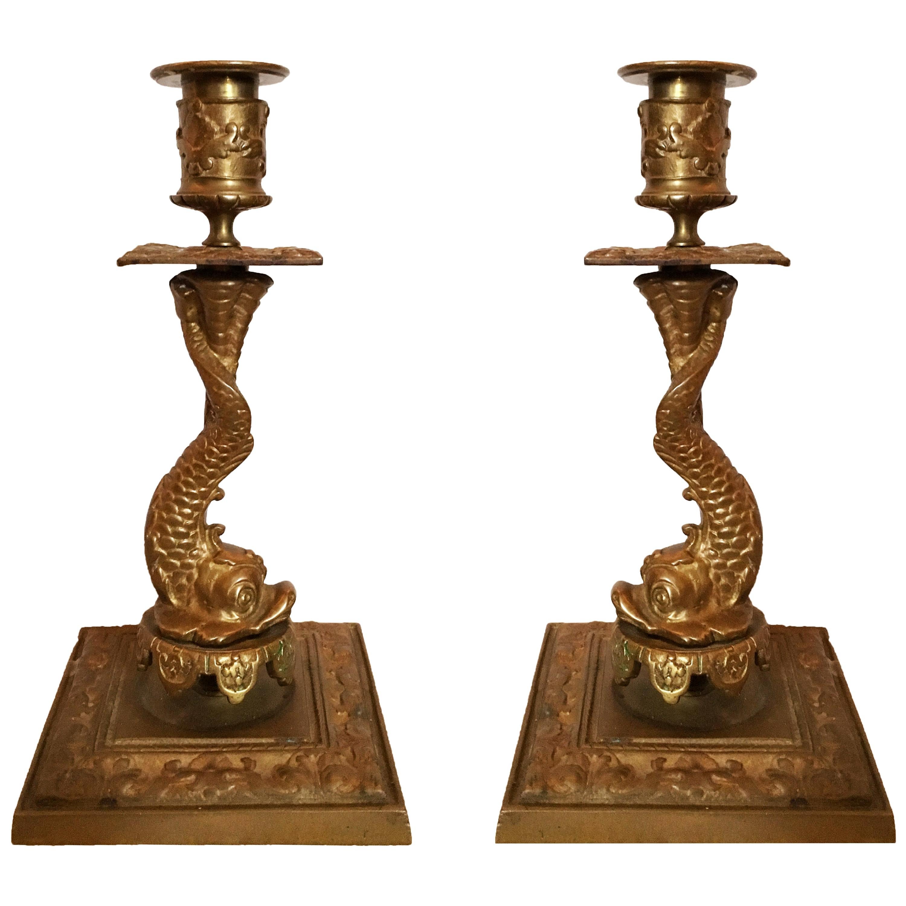 Late 19th Century Baroque Bronze Candlestick Pair with Dolphin Base