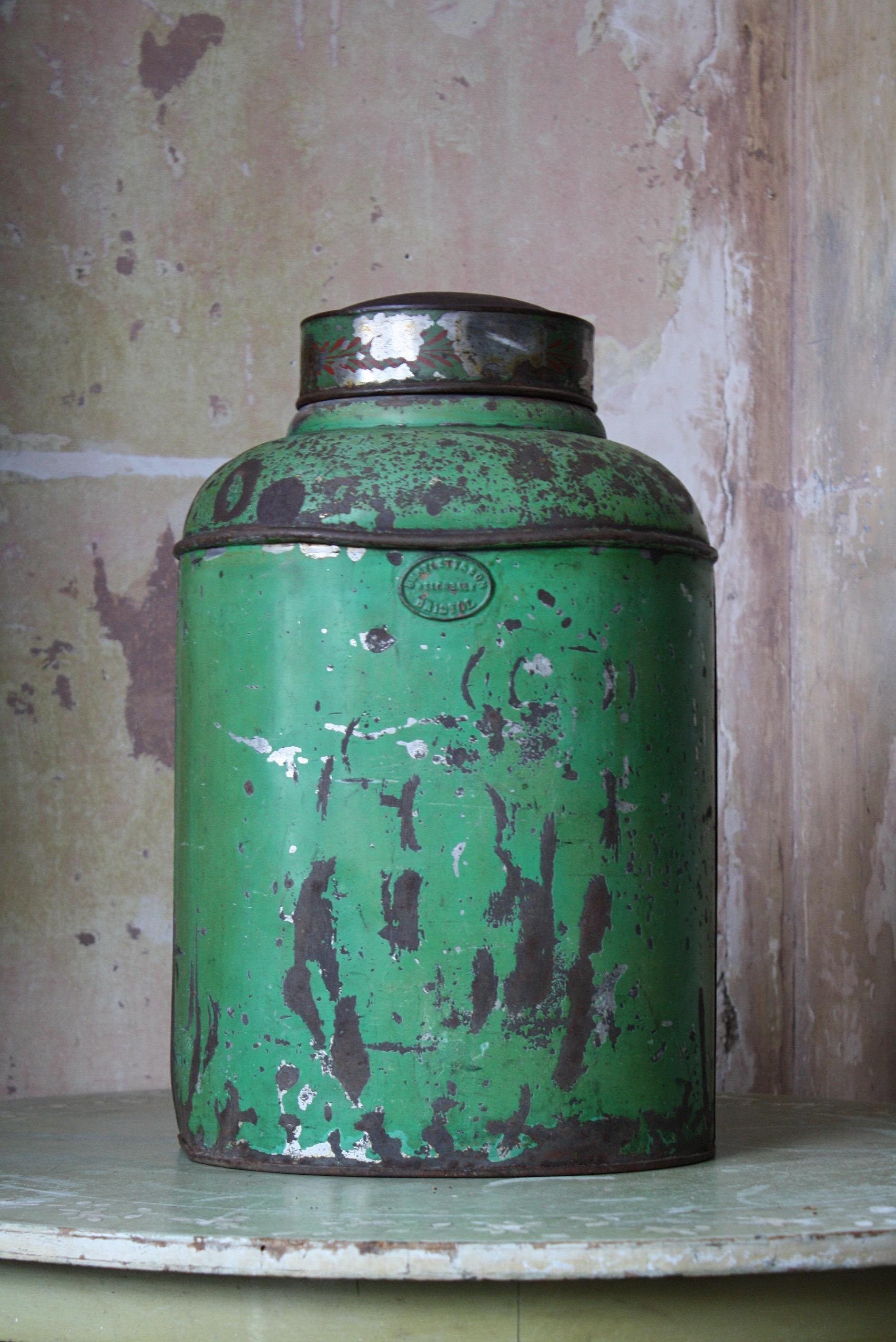Metal Late 19th Century Bartlett & Son Japanned Green Tole Tea Canister For Sale