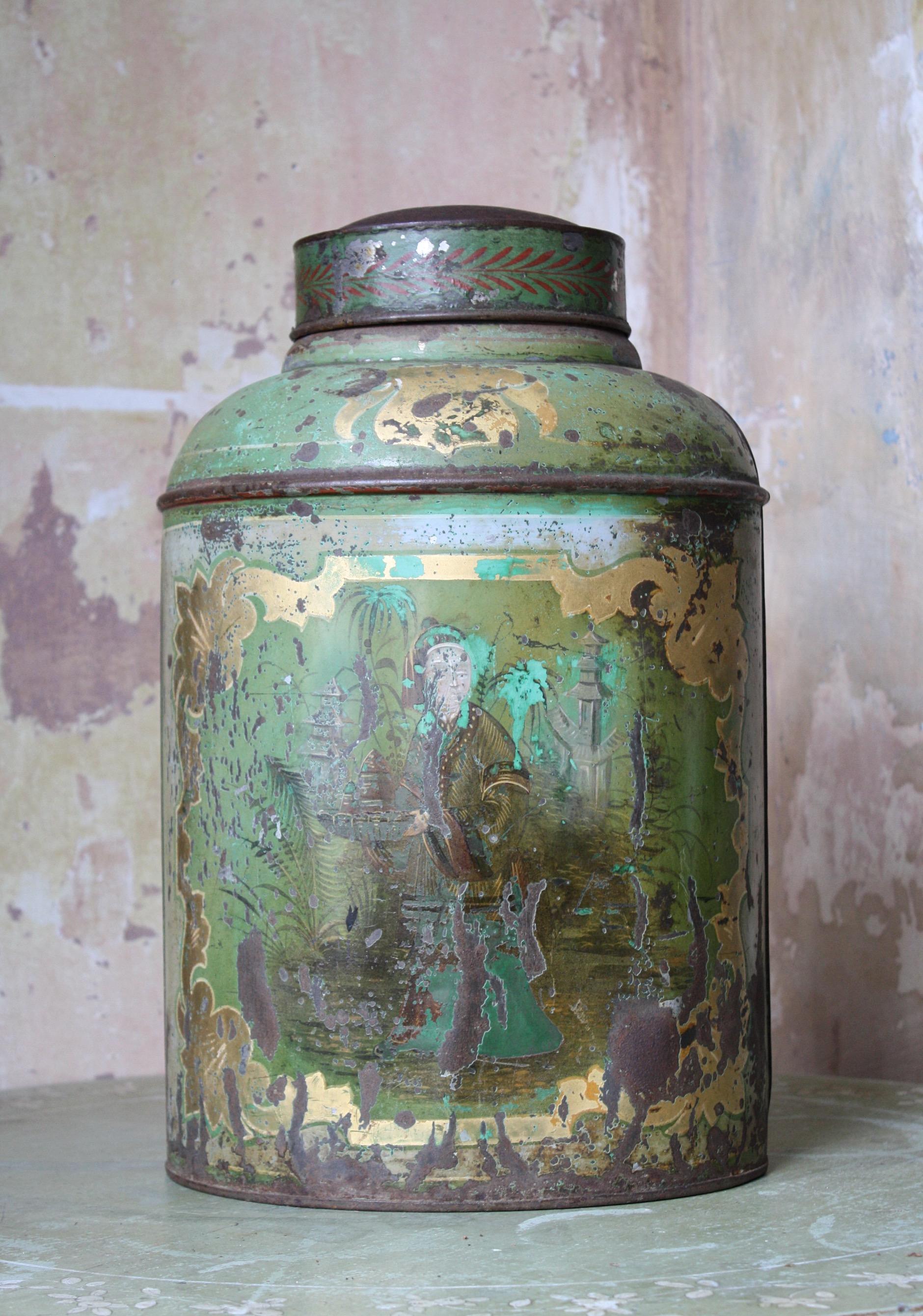 Métal Fin du 19e siècle Bartlett & Son Boîte à thé en tôle verte japannée  en vente