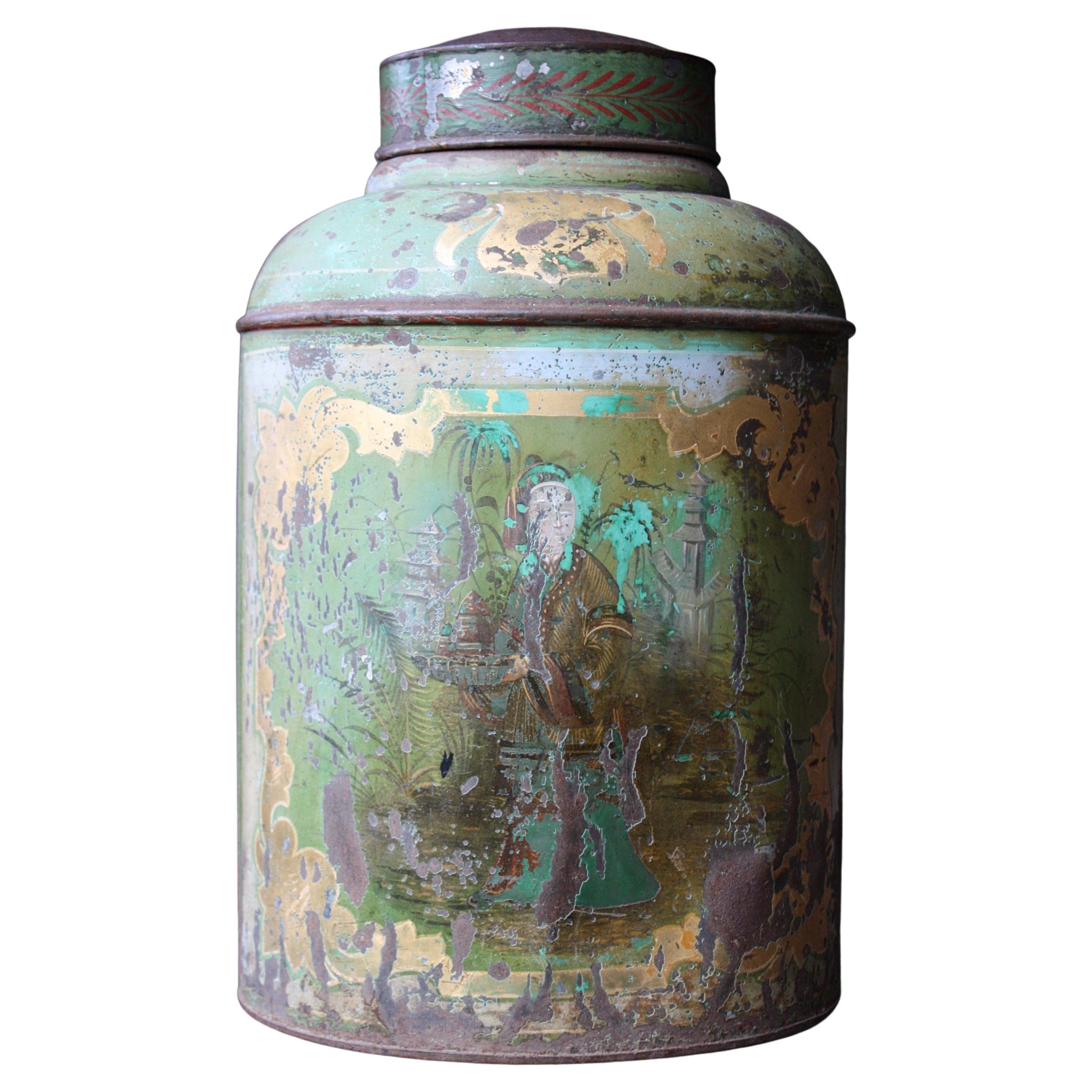 Late 19th Century Bartlett & Son Japanned Green Tole Tea Canister For Sale