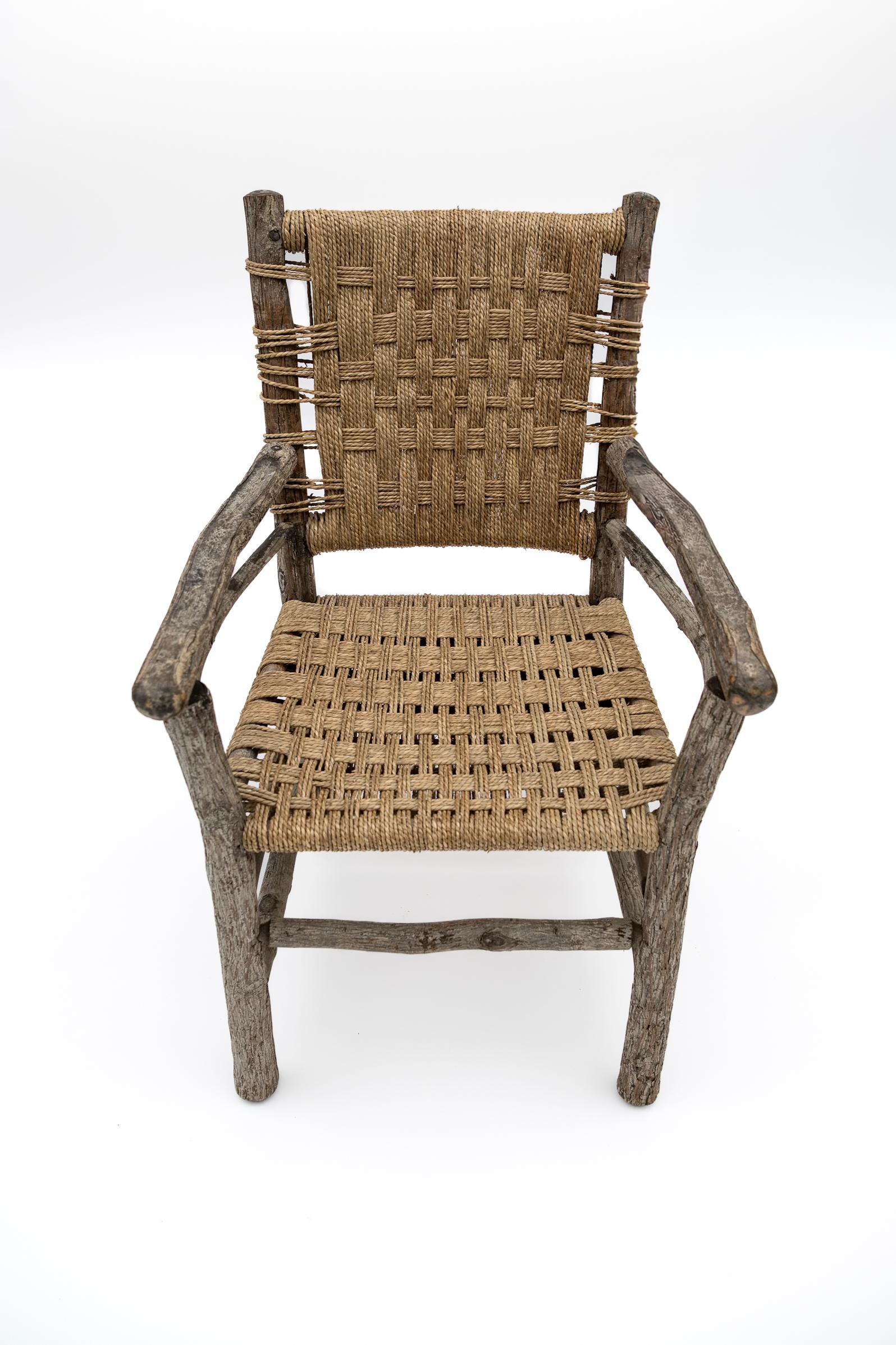 Woven Late 19th Century Belgian Stick Farm Chair Newly Strung with Seagrass Signed For Sale