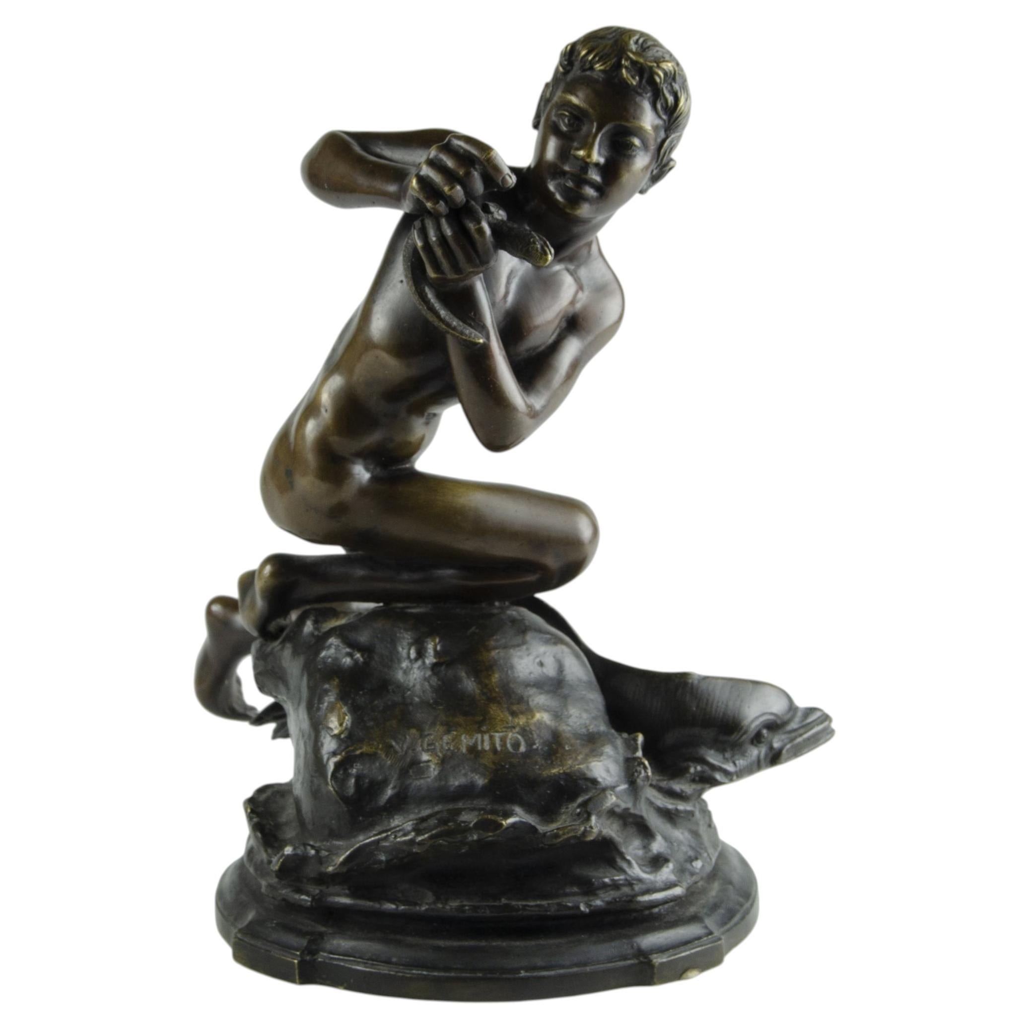Scultura di pescatore in bronzo della Belle Époque della fine del XIX secolo di V.I.I., Italia