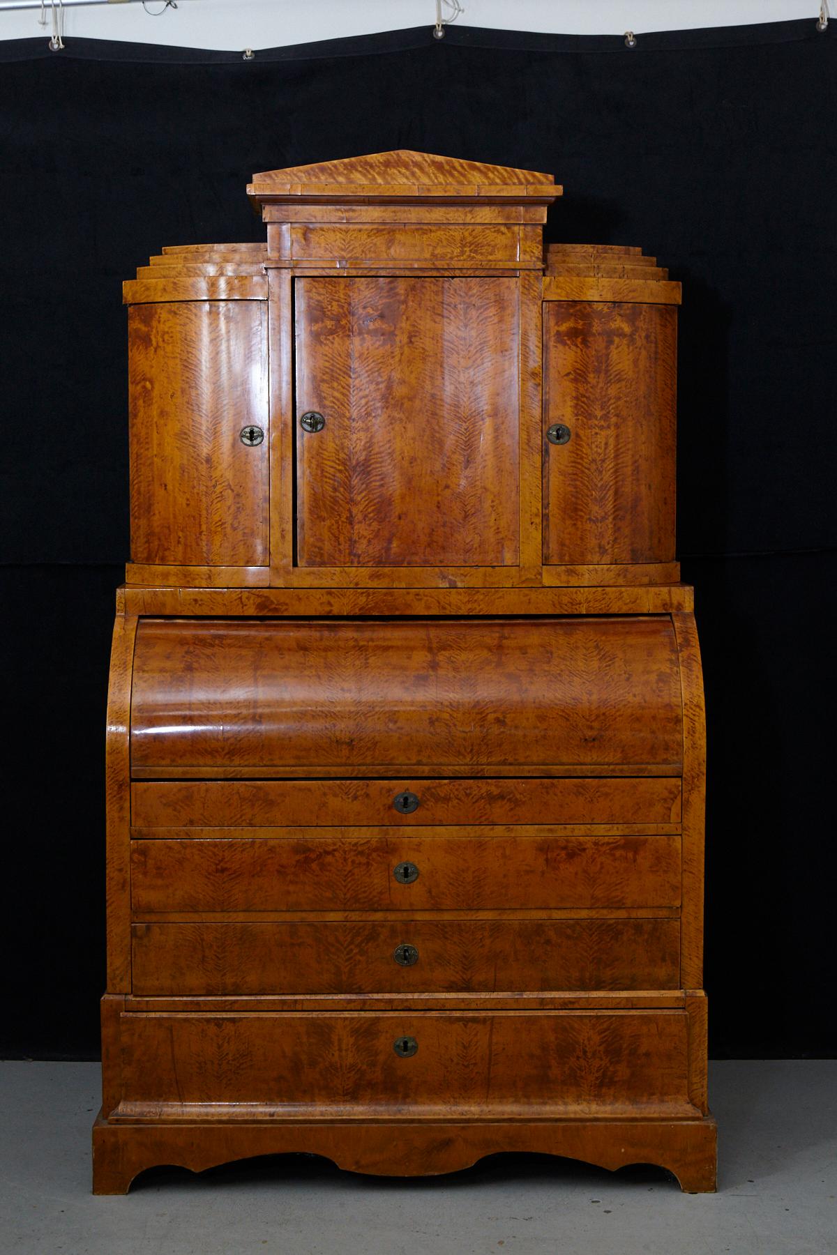 Veneer Late 19th Century Biedermeier Cylinder Top Secretaire with Pullout Desk For Sale