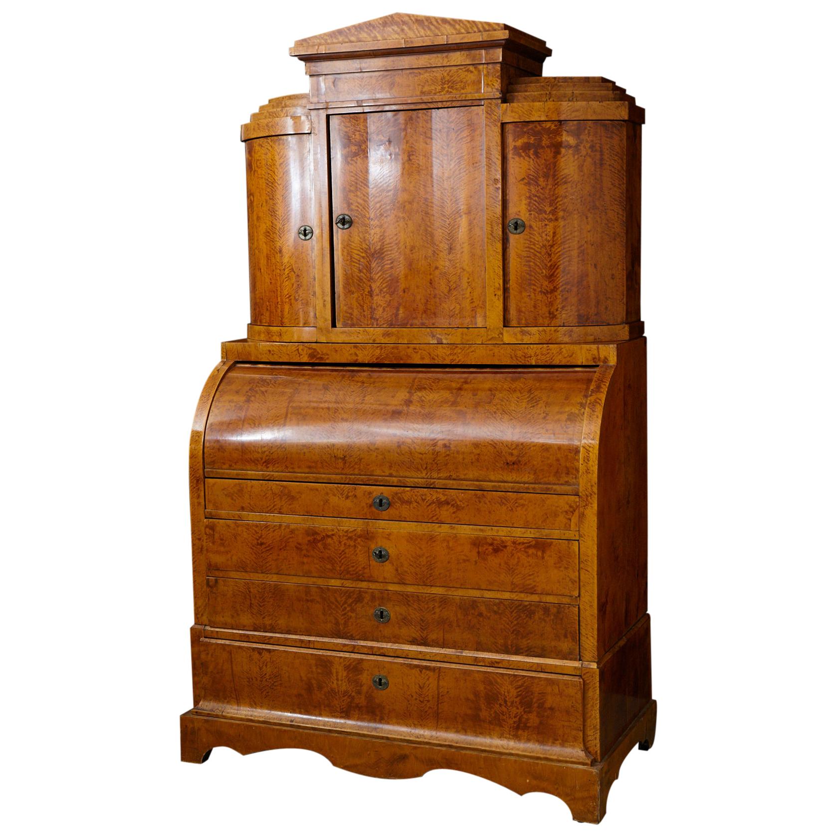 Late 19th Century Biedermeier Cylinder Top Secretaire with Pullout Desk For Sale