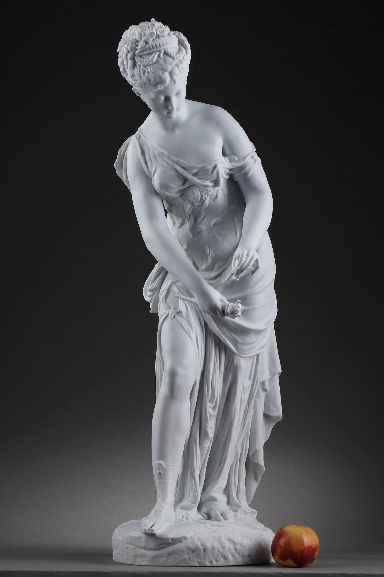 The figure of Psyche holding torch and butterfly is the subject of this bisque statue by the Parisian Dione & Baury manufactory. In ancient Greece, Psyche was a princess of great beauty and goddess of the soul. She felt in love with Eros (Cupid),