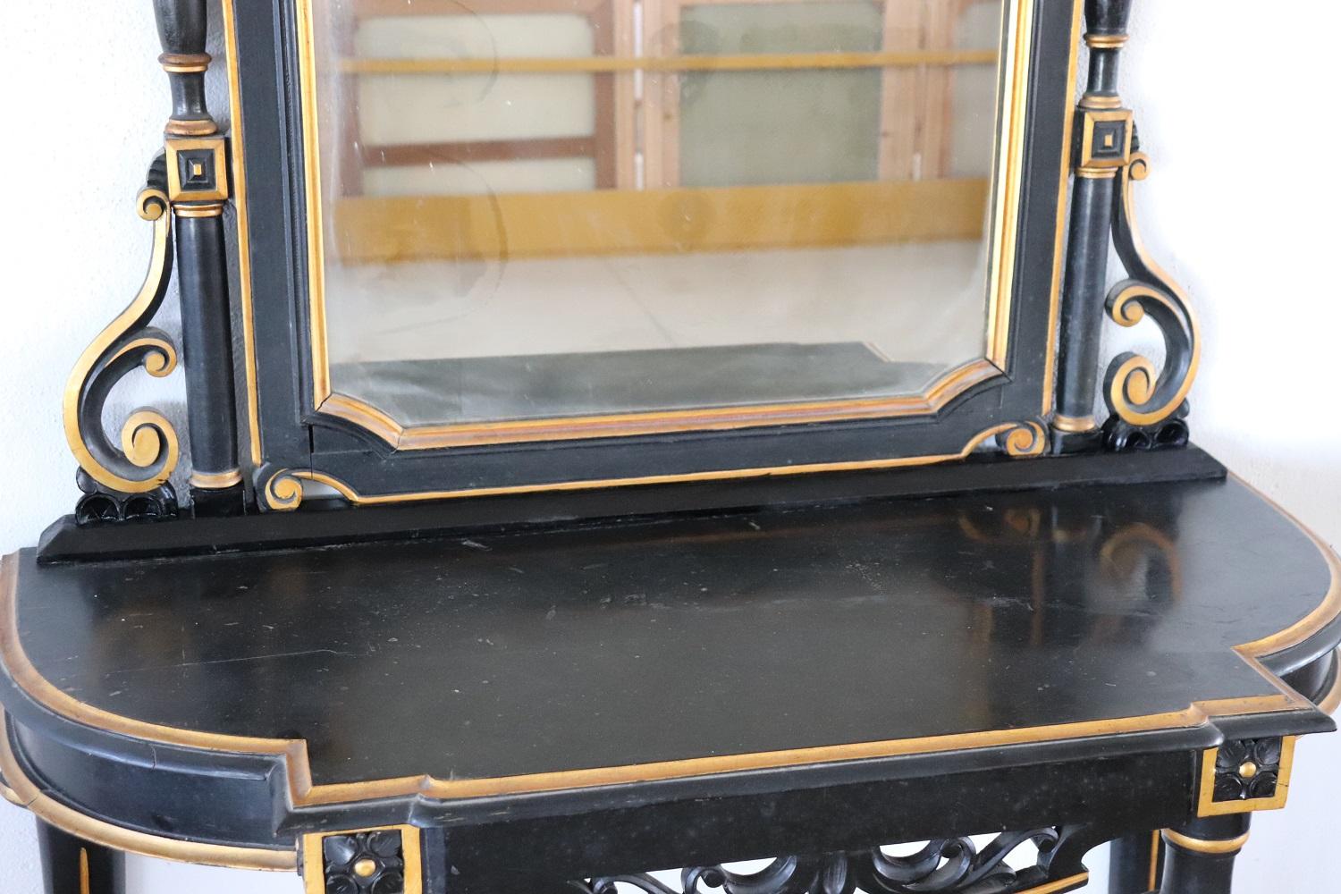 Late 19th Century Black and Gold Antique Walnut Console Table with Mirror In Good Condition In Casale Monferrato, IT