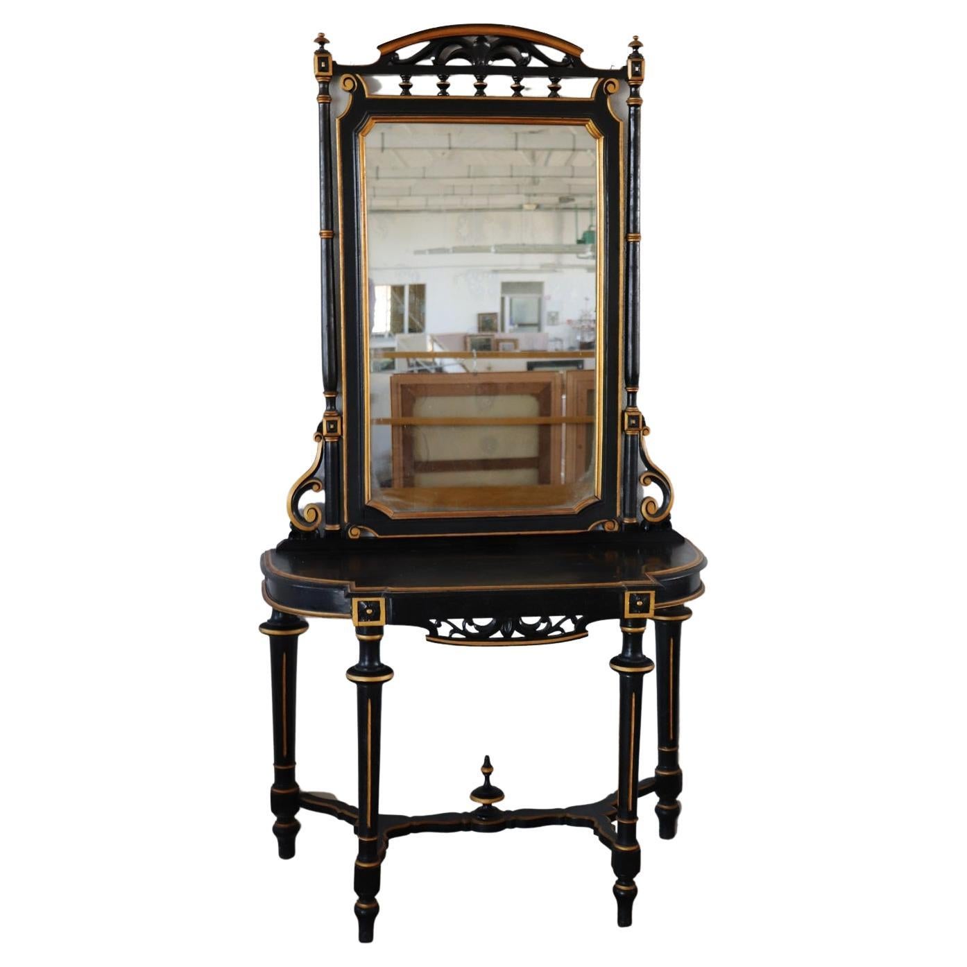 Late 19th Century Black and Gold Antique Walnut Console Table with Mirror